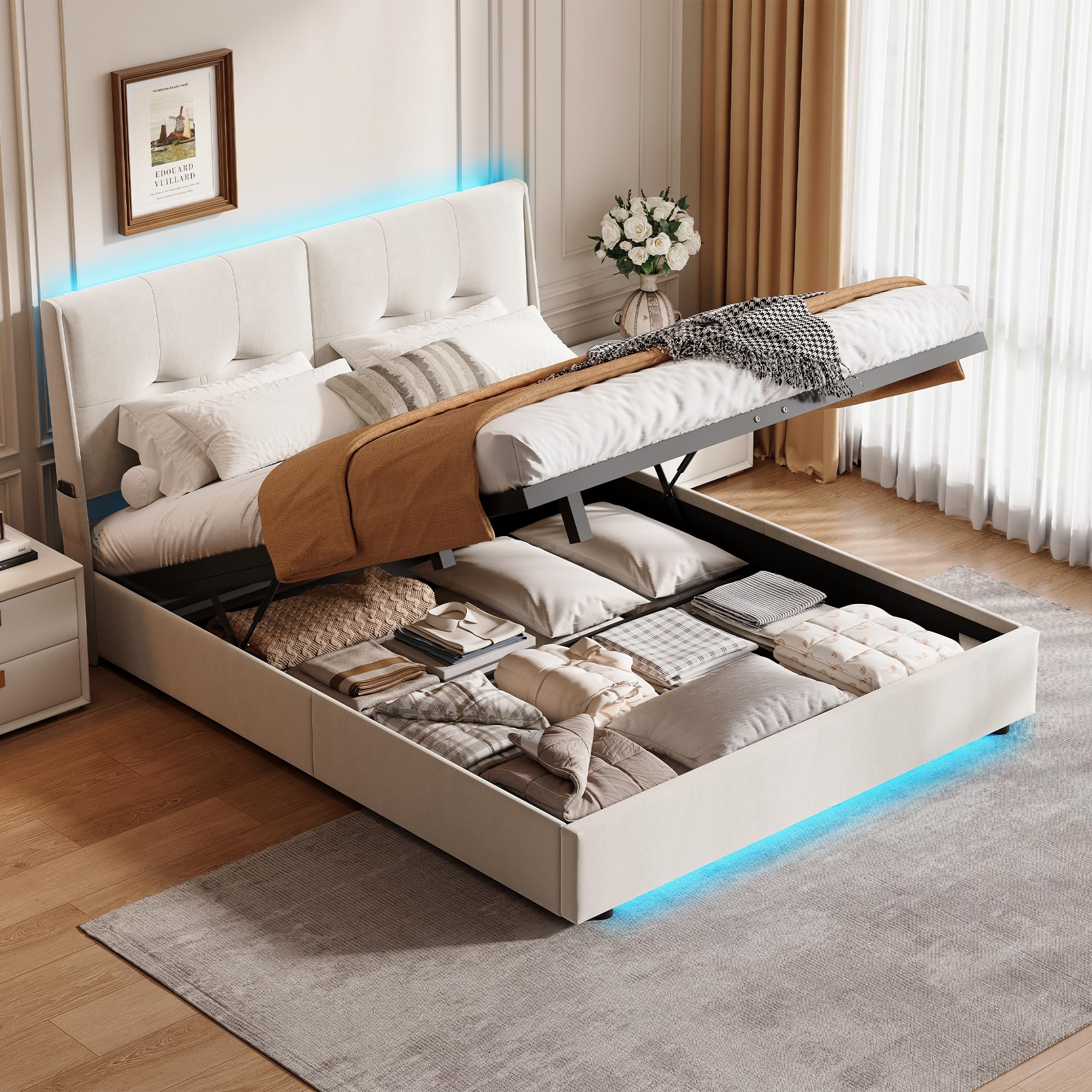 BRILVERDE Cama Tapizada 160x200 con Almacenamiento, Cama matrimonial con cajones, Cama Nido con LED, Cabecero Acolchado y Base de Láminas, Terciopelo (Beige, 160 x 200 cm)