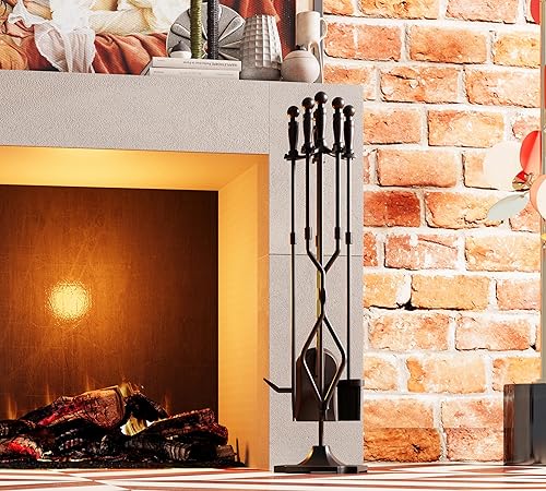 Miniatura 6 de Fire Beauty Herramientas para chimenea, juego de 5 piezas de accesorios para fuego, soporte para estufa de leña, mango de hierro forjado, soporte