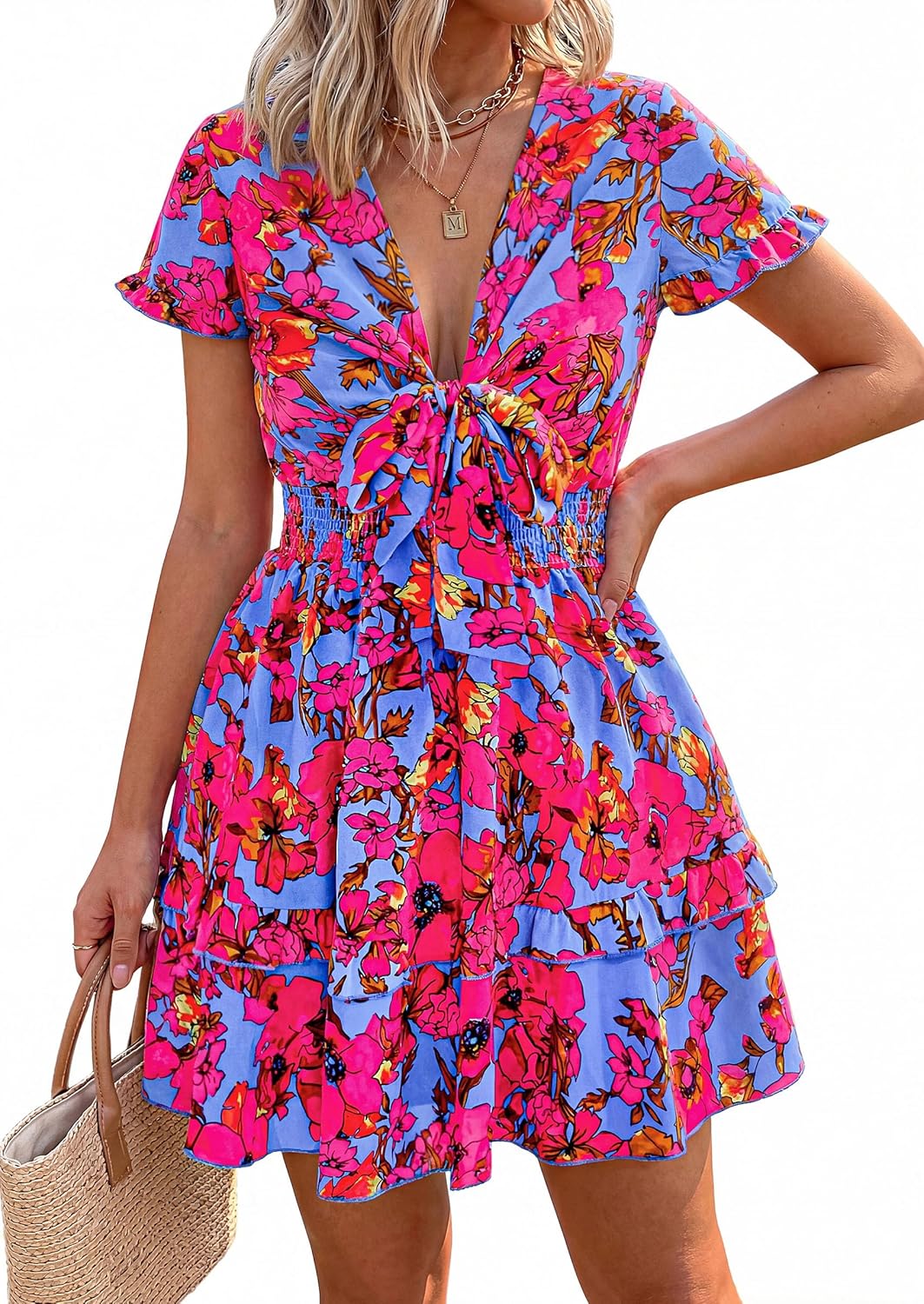 PRETTYGARDEN Women Summer Short Dress 2026 Casual V Neck Short Sleeve Tiered Bow Mini Sun Dresses Beach Vacation Sundress