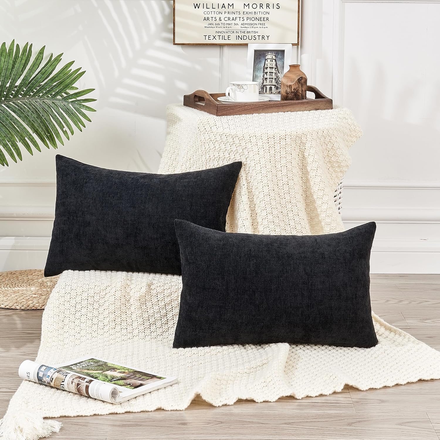 GAWAMAY Lumbar Pillow Cover Decorative Rectangle Throw Pillow Covers 12"x20" Inch Set of 2, Super Soft Chenille Pillowcase for Living Room Bedroom Sofa Couch Cushion Cover Black 30x50cm (No Insert) - Image 2