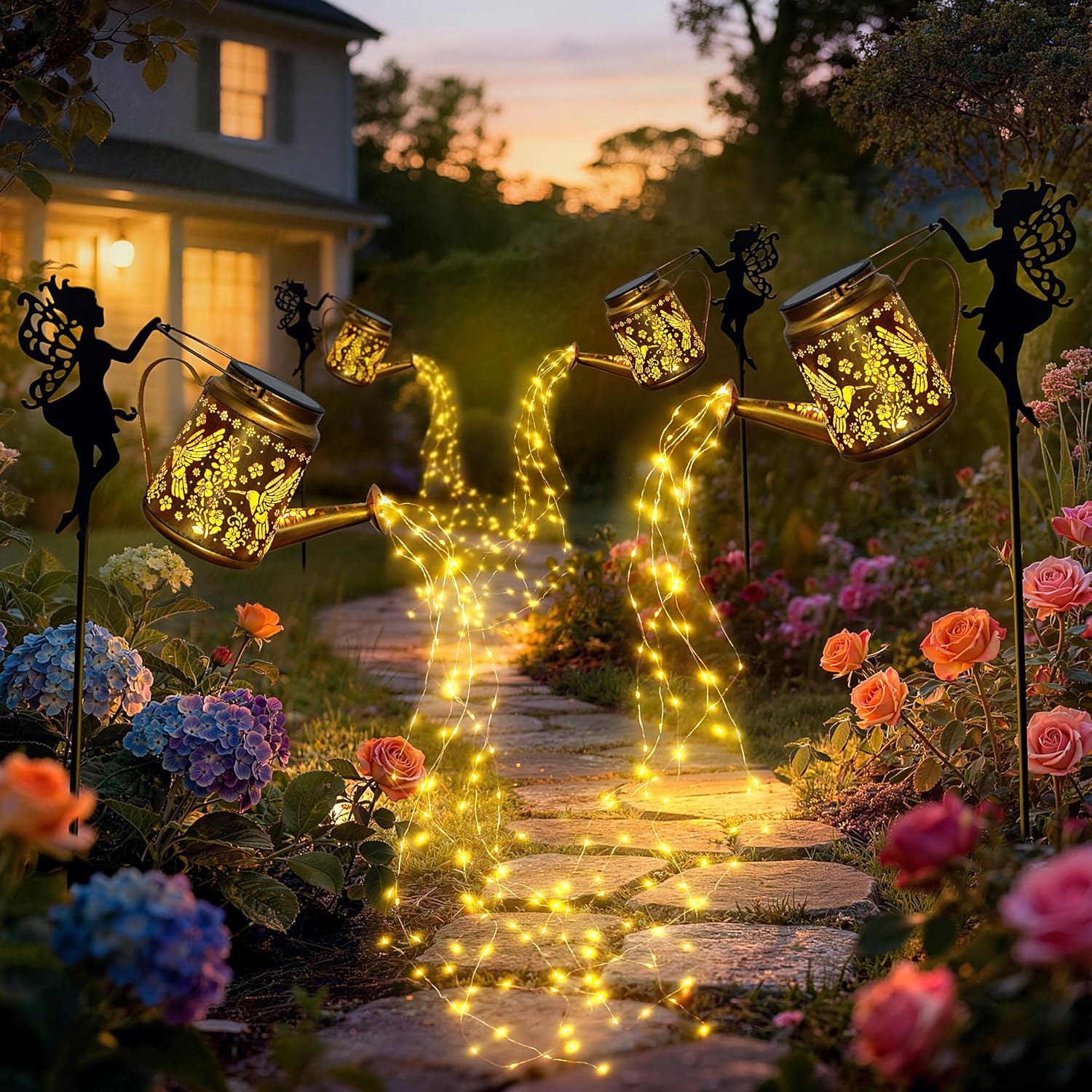 X-PREK Solar Lights Outdoor Waterproof, Fairy Solar Garden Lights Outdoor Decoration, Hummingbird Solar Watering Can Light Gardening Gifts for Mom Grandma 4 Packs