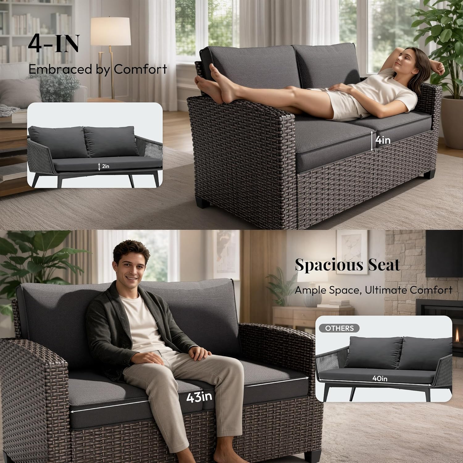 WWR Furniture Set,1 Piece PatioWicker Outdoor Patio Conversation Set with Extra Wide & Thick Cushions, Rattan Outdoor Furniture Set for Backyard, Porch & Deck