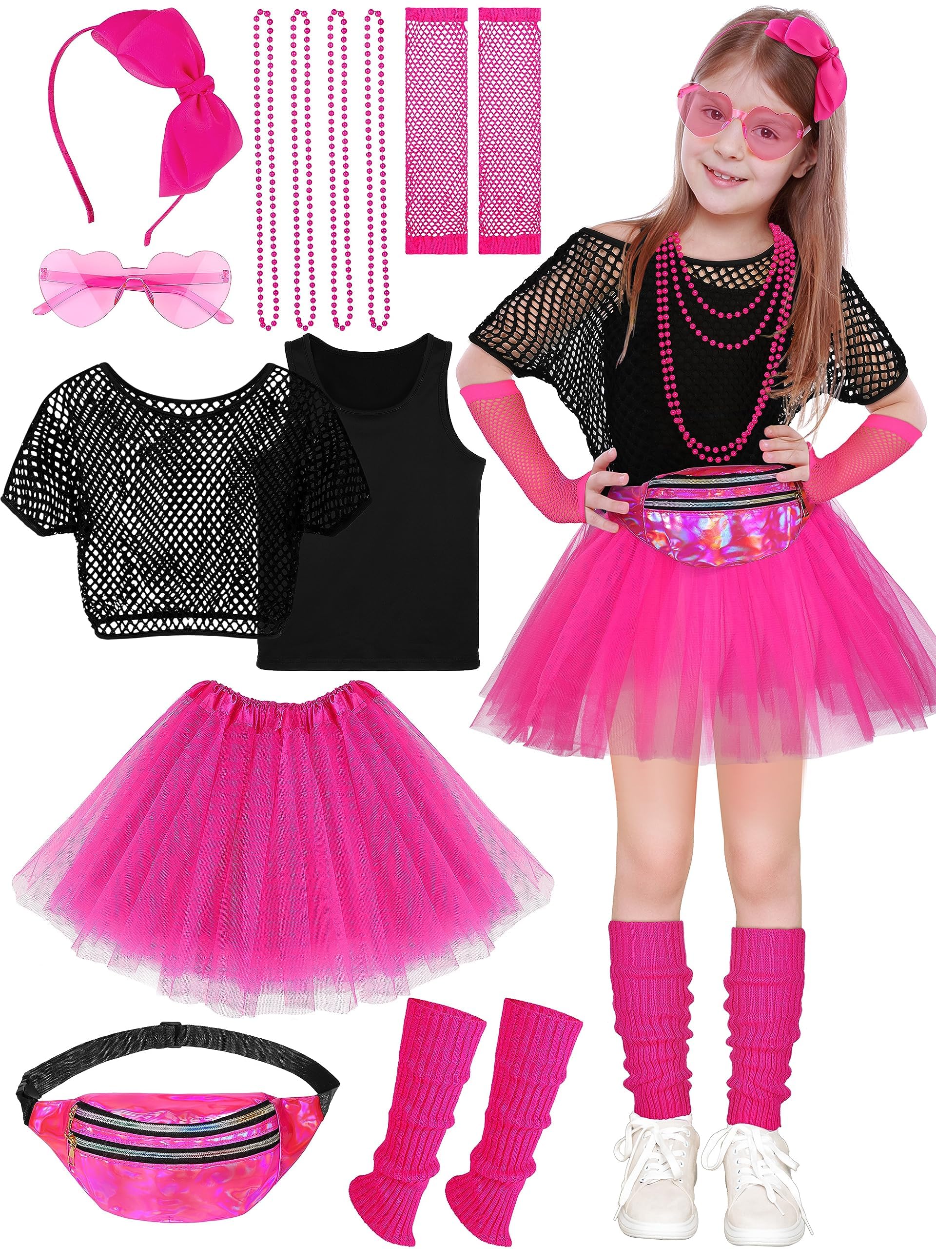 AOTHSO 14 Pieces Girls 80s Outfit Accessories Set Halloween Girls 80s Clothes Costume for Cosplay 1980s Party for Kids