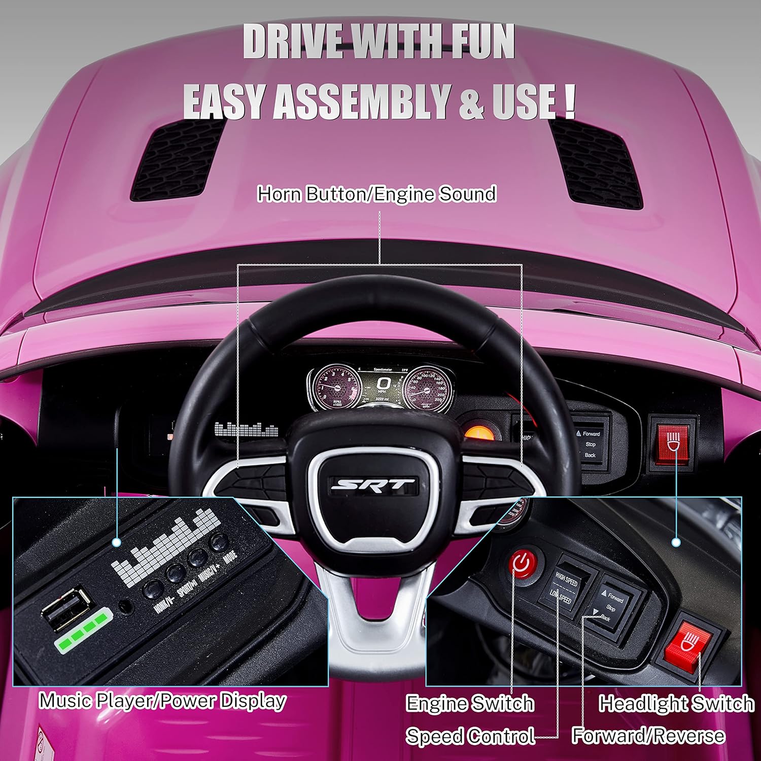 ENYOPRO 12V Dodge Charger SRT Kids Ride On Car w/Parent Remote Control, Electric Power Car Ride On Toy w/4-Wheel Suspension, 3 Speeds, LED Lights, Music Player, Battery Car Gift for Kids Girls, Pink