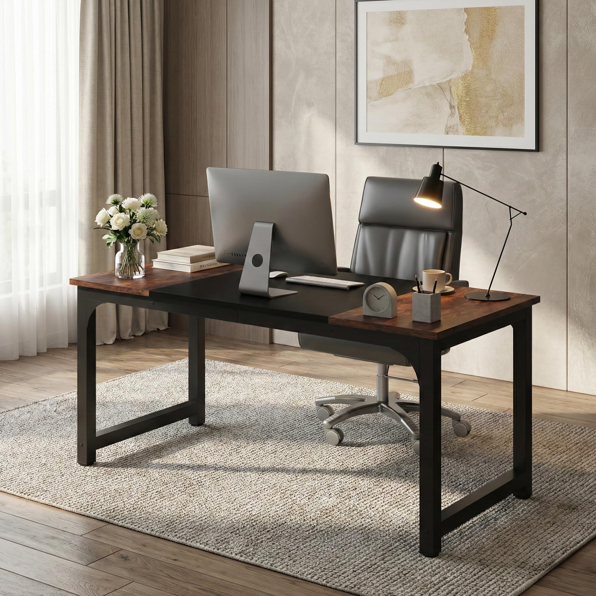 Lailang 160cm Escritorio de Oficina, Mesa portátil Ordenador, Mesa de Trabajo, Escritorio de Madera, Home Office, 160 x 80 x 75 cm, Marrón rústico y Negro
