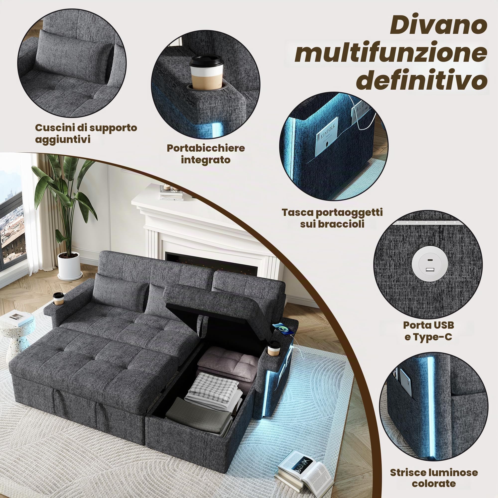 Divano ad angolo con funzione letto, 3 posti, divano L piccolo, divano ad angolo con illuminazione e prese USB, divano con spazio di archiviazione, schienale regolabile – soggiorno, grigio+