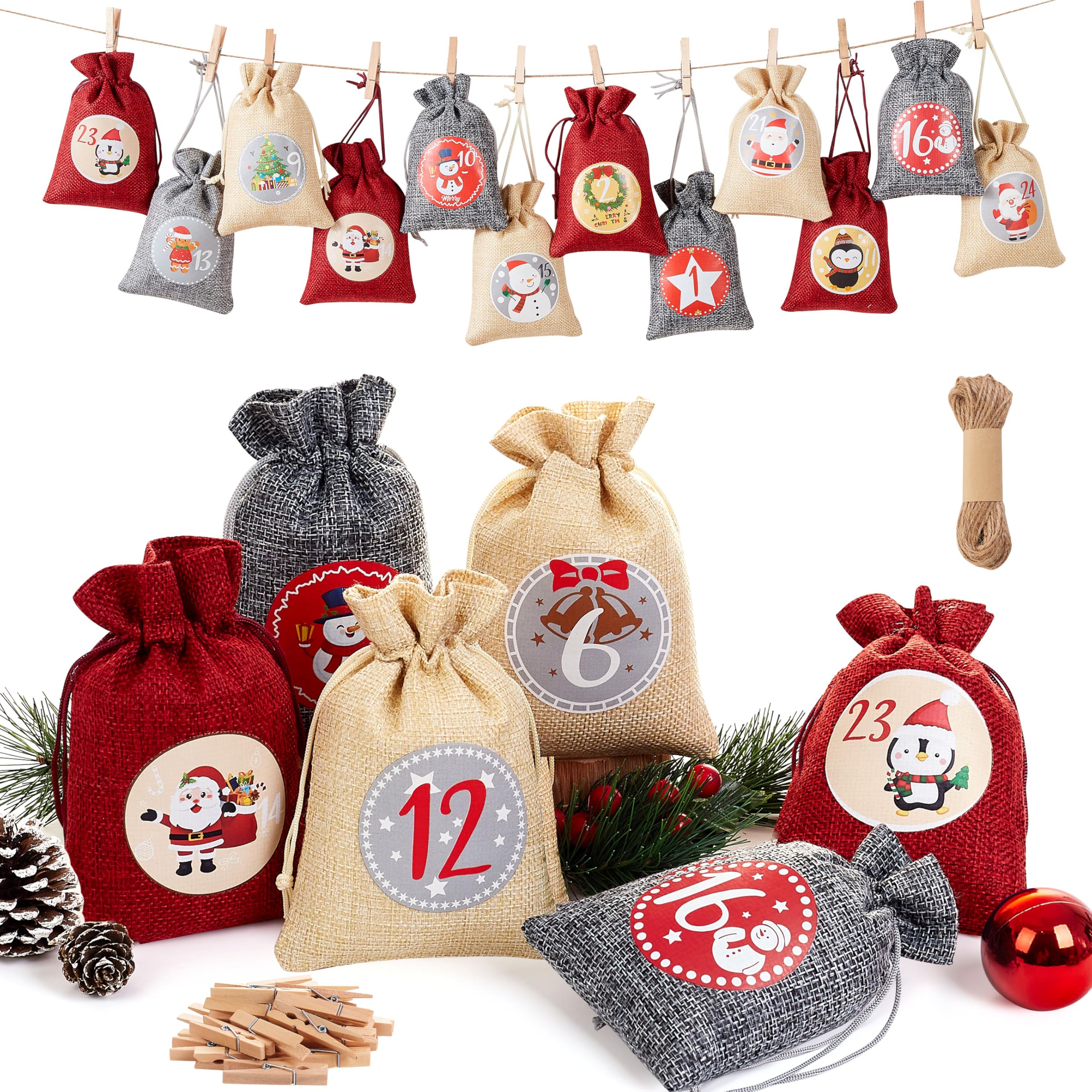 Produktbild von QINJIEJIE Adventskalender Zum Befüllen 2 Größen Jutesäckchen – 24 Weihnachtskalender Adventskalender 2025 Säckchen Befüllen Für Kinder/ Erwachsene, DIY Geschenktüten
