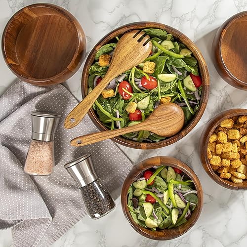 Miniatura 7 de BRIDGEMORE Juego de ensaladera de madera con utensilios y molinillos para servir  9 piezas, varios tamaños