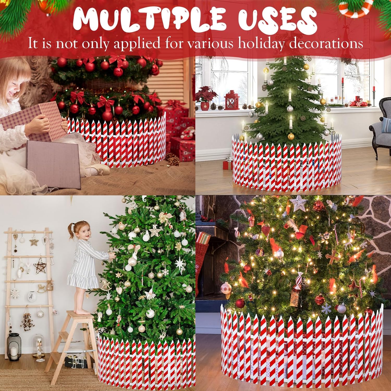 Sasylvia 18 Pcs 12inch Tall Wooden Christmas Tree Fences Christmas Tree Gate for Pets Candy Red Stripes Barrier Xmas Decoration Picket Fence Border for Dogs Xmas Party Indoor Outdoor