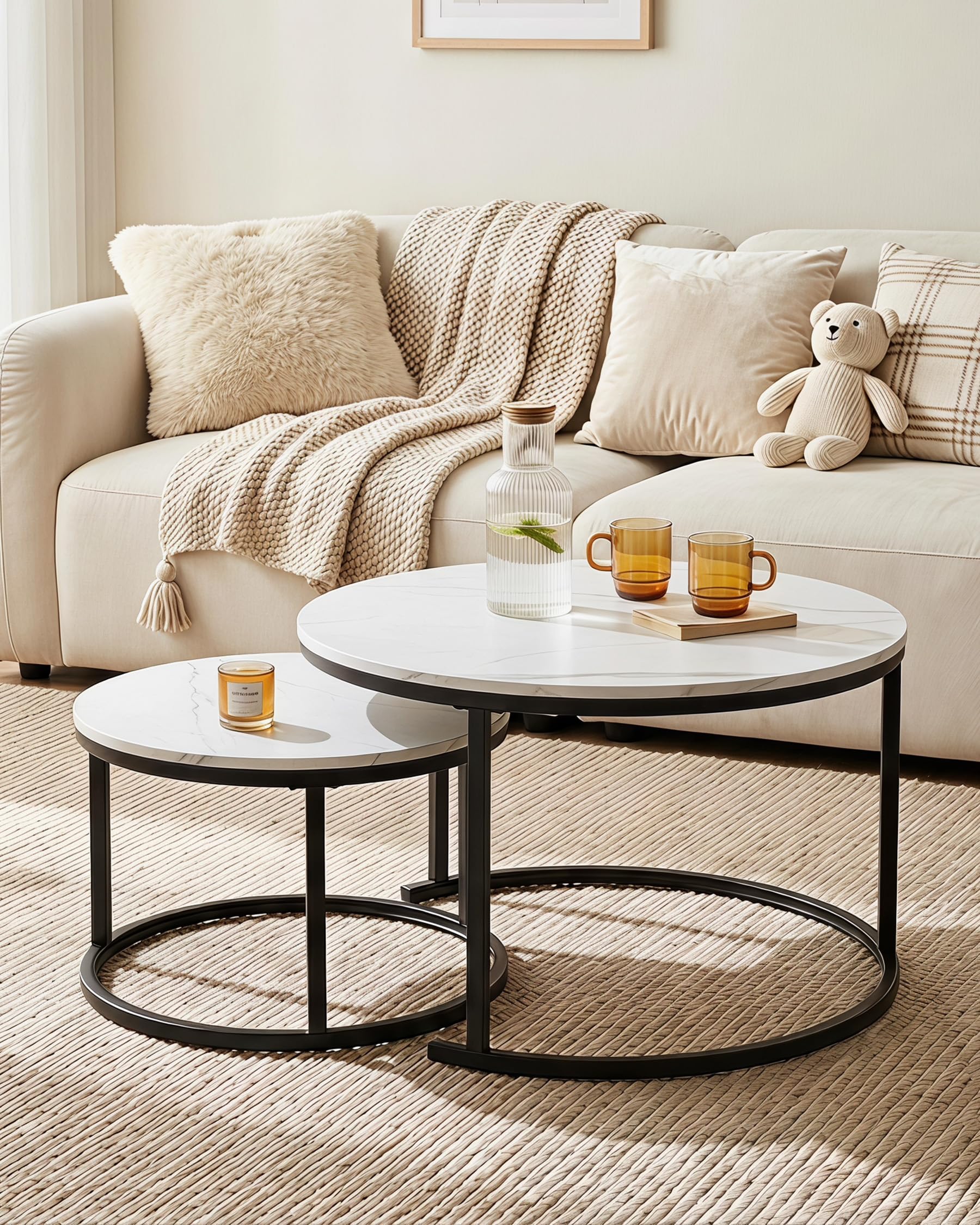 Tavolo Salvaspazio Soggiorno, Tavolino da Salotto Moderno Bianco, Tavolino Salotto Rotondo Bianco con effetto marmo 2 pezzi, Coffee Table