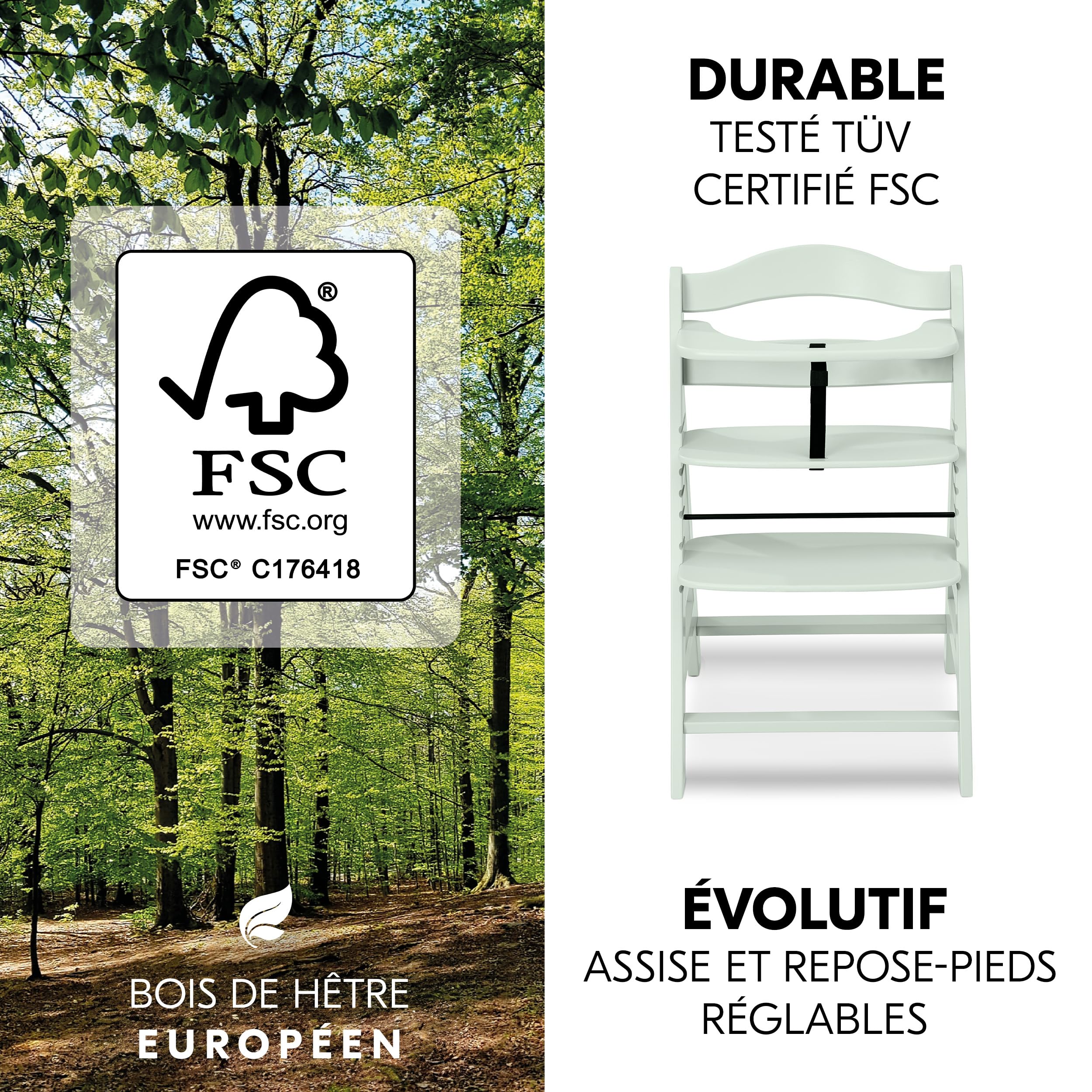 hauck Chaise Haute Bébé Évolutive Alpha Plus avec Insert Nouveau-né 2-en-1 – Utilisable dès la Naissance avec Réducteur Amovible et Coussin d’Assise Inclus, Idéal pour Repas - Menthe | Chaise haute en bois pour enfant de la naissance jusqu'à 90 kg - Avec
