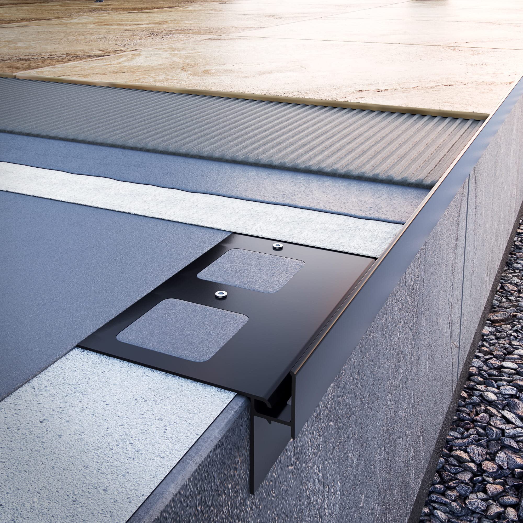 Renoplast® Esquina de aluminio 90° para perfil de alero K35 Grafito | Acabado de terrazas balcone| Suelos de baldosas sobre mortero adhesivo | Sistemas de drenaje de agua Perfil angular| Anticorrosión