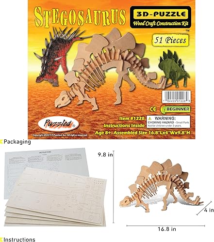 Miniatura 2 de Puzzled Rompecabezas 3D Estegosaurio Dinosaurio Madera Artesanía Kit de Modelo de Construcción Divertido y Educativo DIY Juguete de Dino de Madera