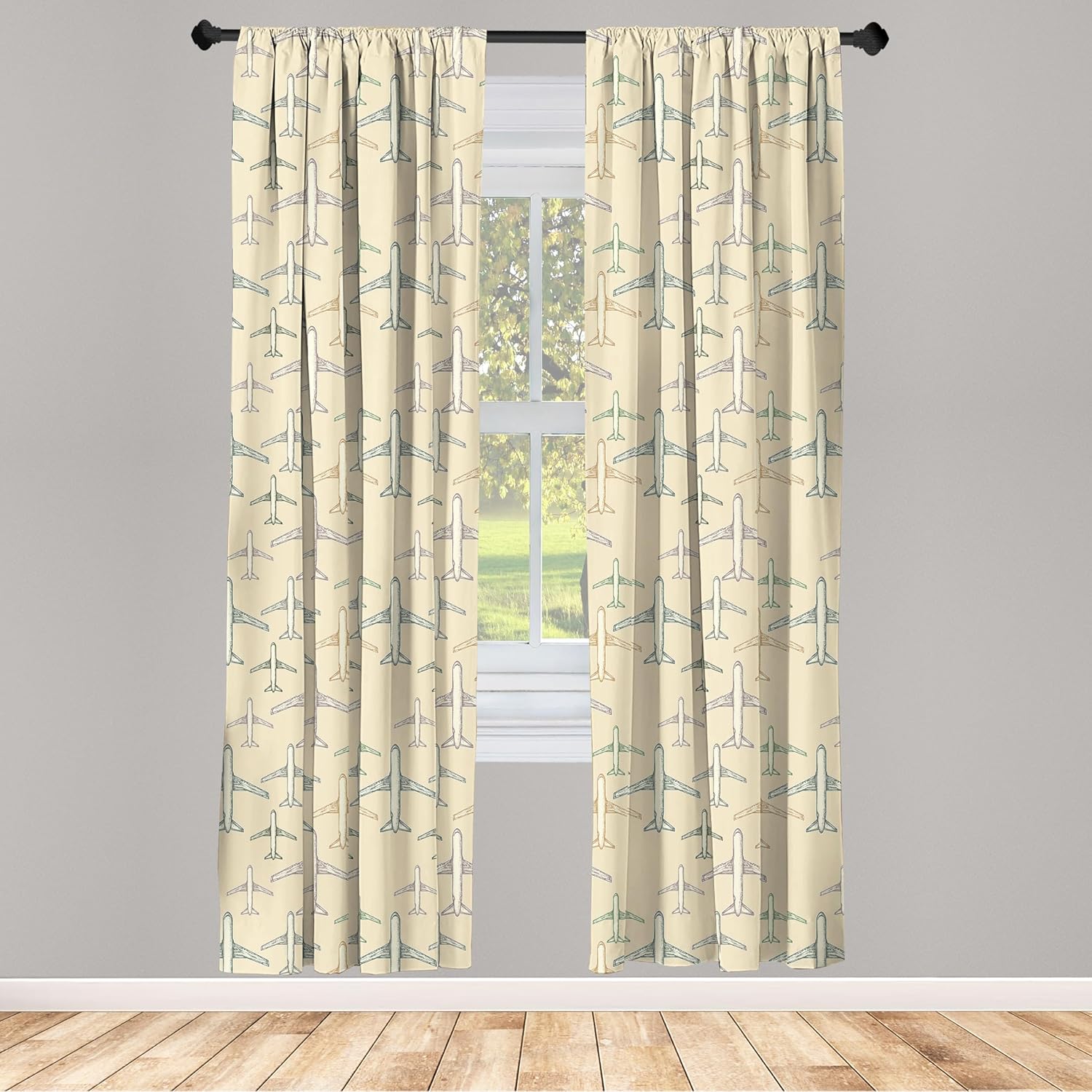 Ambesonne Vintage Airplane Window Curtains, Transportation Vacation Themed Hand Drawn Commercial Airplane Silhouettes, Lightweight Decor 2-Panel Set with Rod Pocket, Pair of - 28" x 84", Beige White