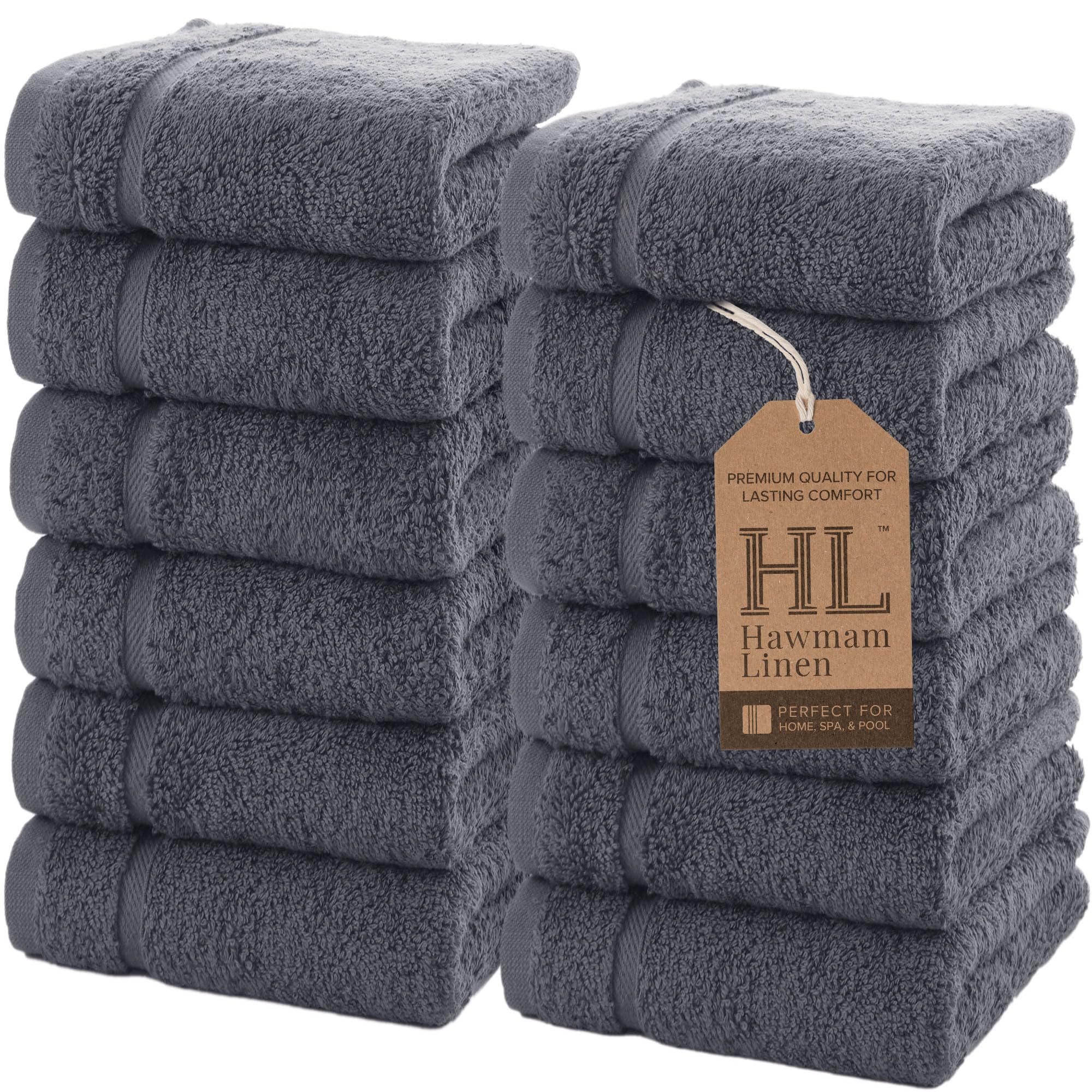 Hawmam Linen Wash Cloths, Turkish Cotton Washcloths, 12 Pack, Cool Grey