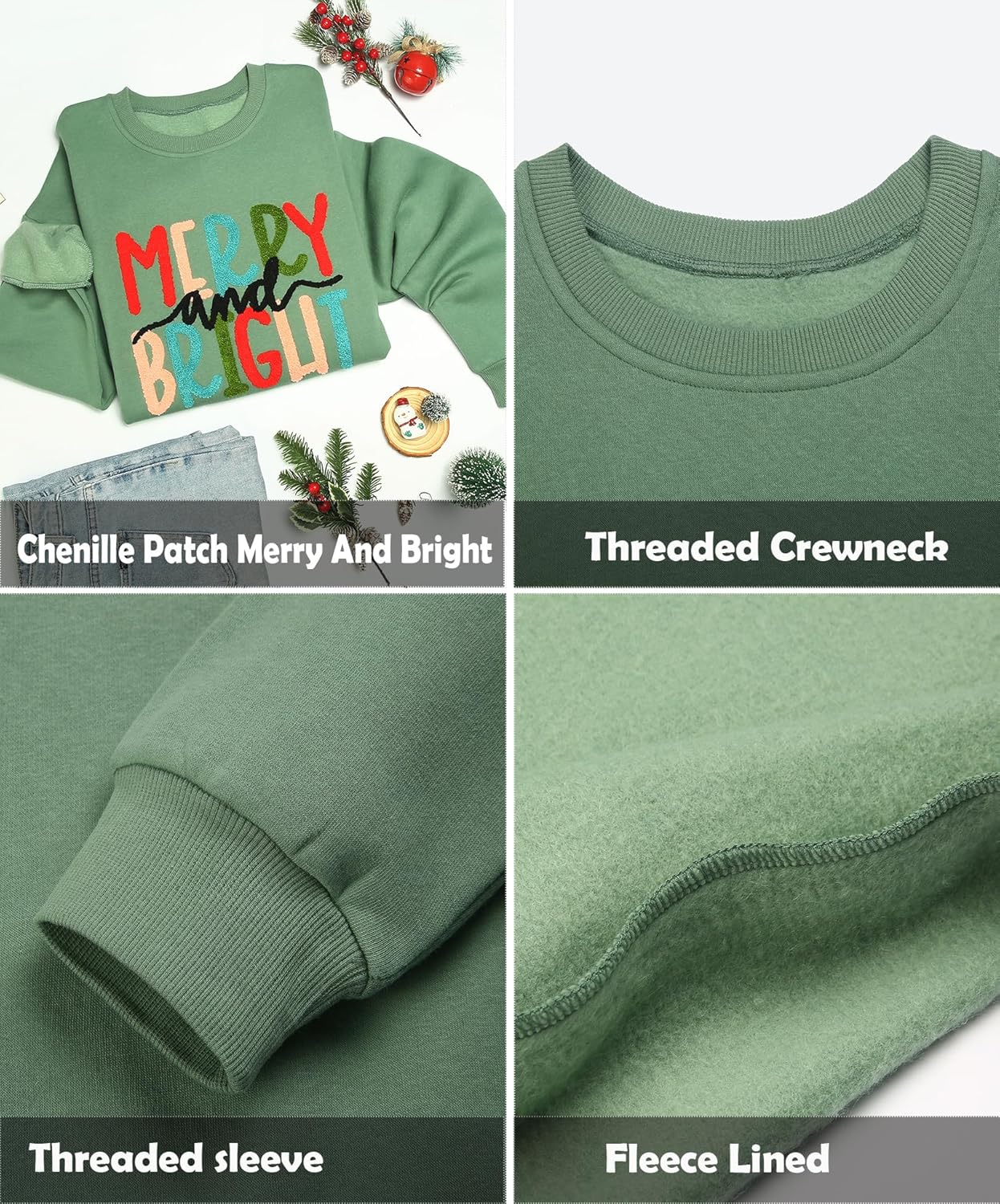 LETSEE Christmas Sweatshirts for Women Merry And Bright Crewneck Oversized Fleece Sweater Xmas Holiday Top - Image 5