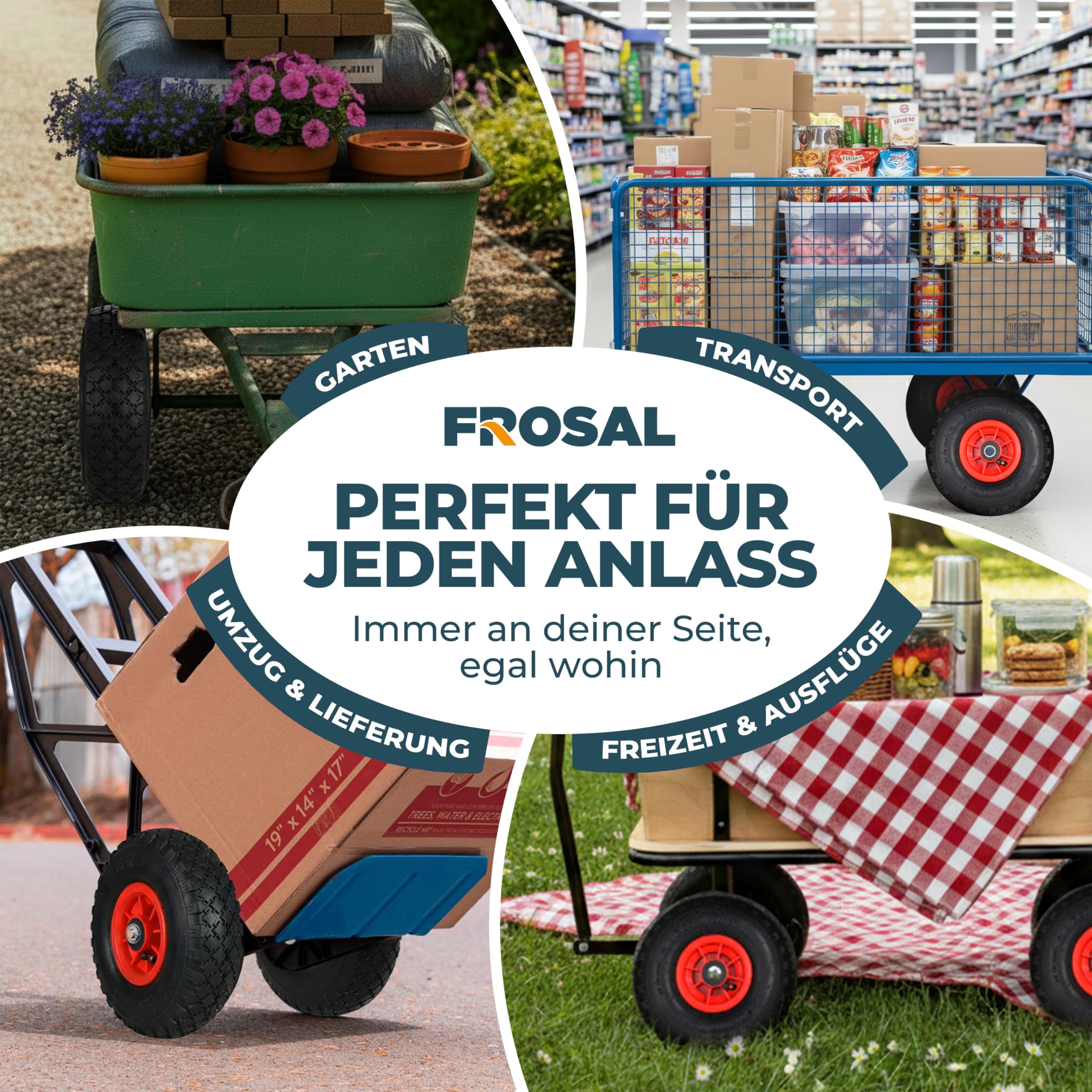 FROSAL Ersatzräder 260 mm (3.00-4) – 2er-Set – luftbereifte Räder mit Rollenlager – Ø 260 × 85 mm auf roter Kunststofffelge – für Ø 20 mm Achsen & 75 mm Nabenlänge – für Bollerwagen & Sackkarre