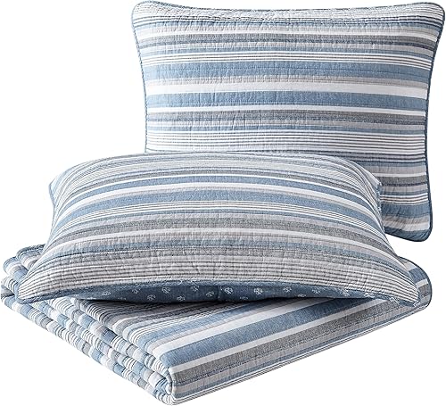 Miniatura 6 de Nautica Juego de edredón de algodón para todas las estaciones con funda a juego, ligero y reversible, tamaño King, gris jettisonazulblanco