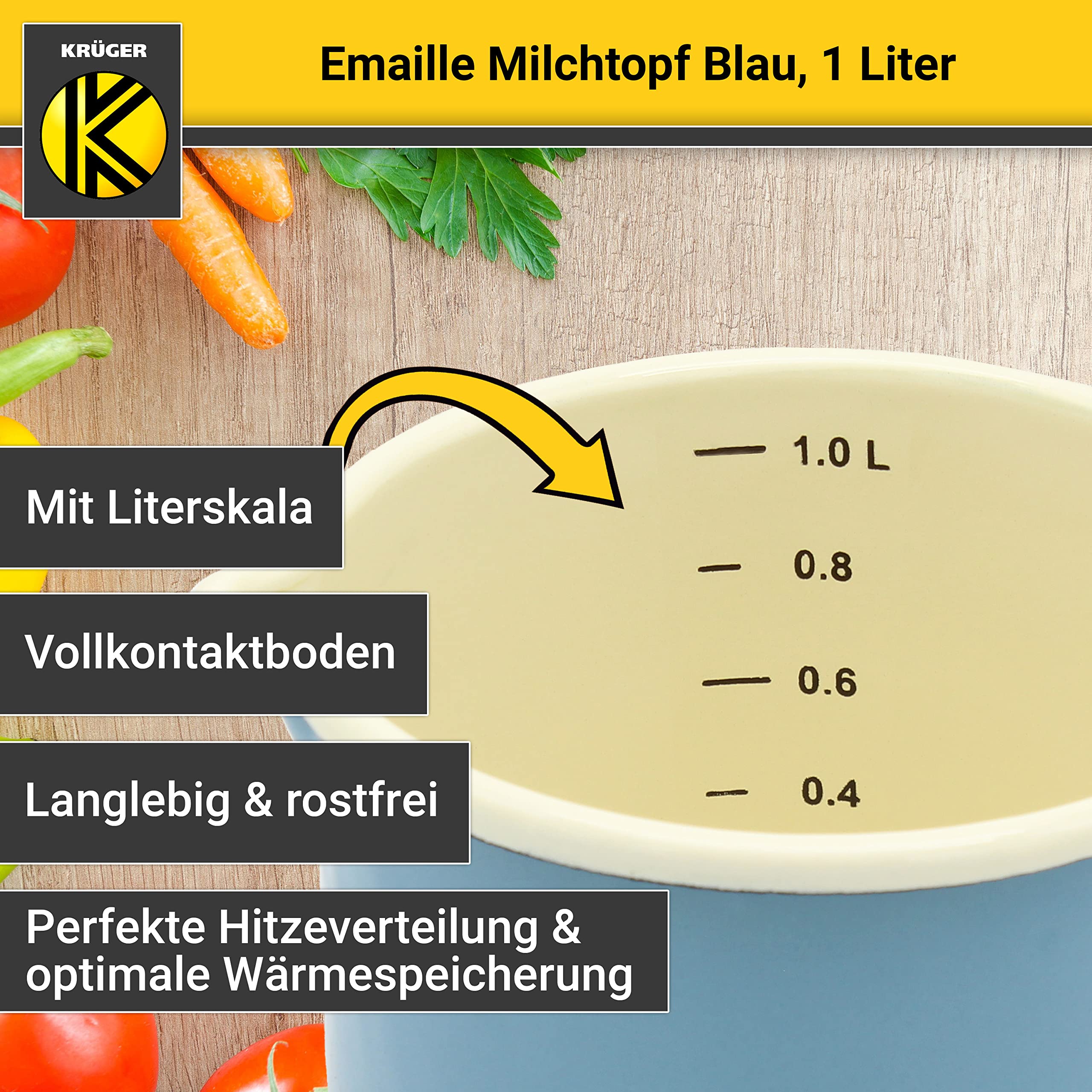 Krüger Emaille melkpan blauw 12 cm, 1 liter - pot met volledig contactbodem voor energiebesparend koken - praktische schenktuit & literschaal - vaatwasmachinebestendig & inductie (blauw Krüger Emaille melkpan blauw 12 cm, 1 liter - pot met volledig contactbodem voor energiebesparend koken - praktische schenktuit & literschaal - vaatwasmachinebestendig & inductie (blauw