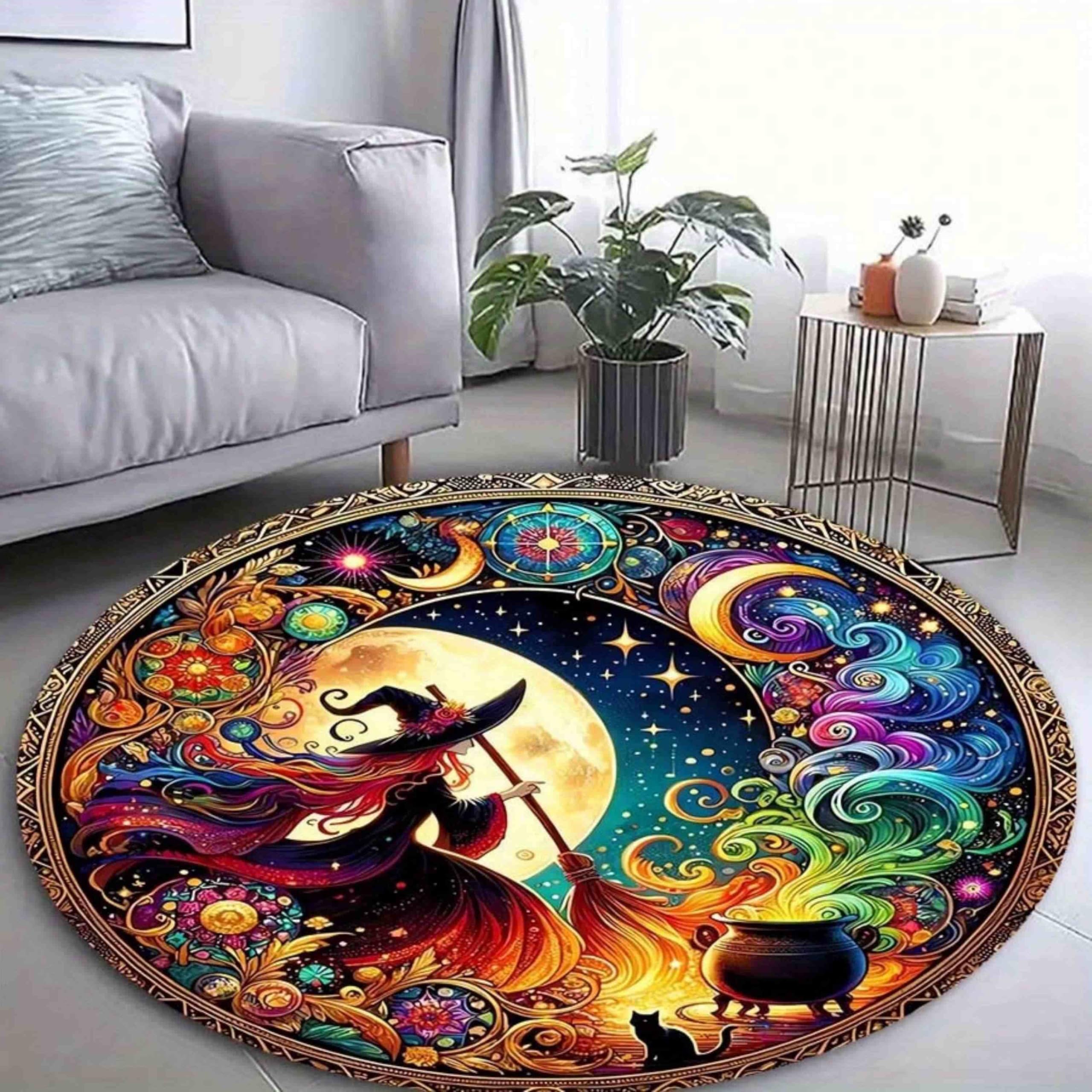 Hexen Runder Teppich Magie Mond Stern Motiv Design, Waschbar Antirutsch Kurzflor Teppich für Wohnzimmer Kinderzimmer Halloween, Dekorativer Rundteppich Farbe 80cm Runde
