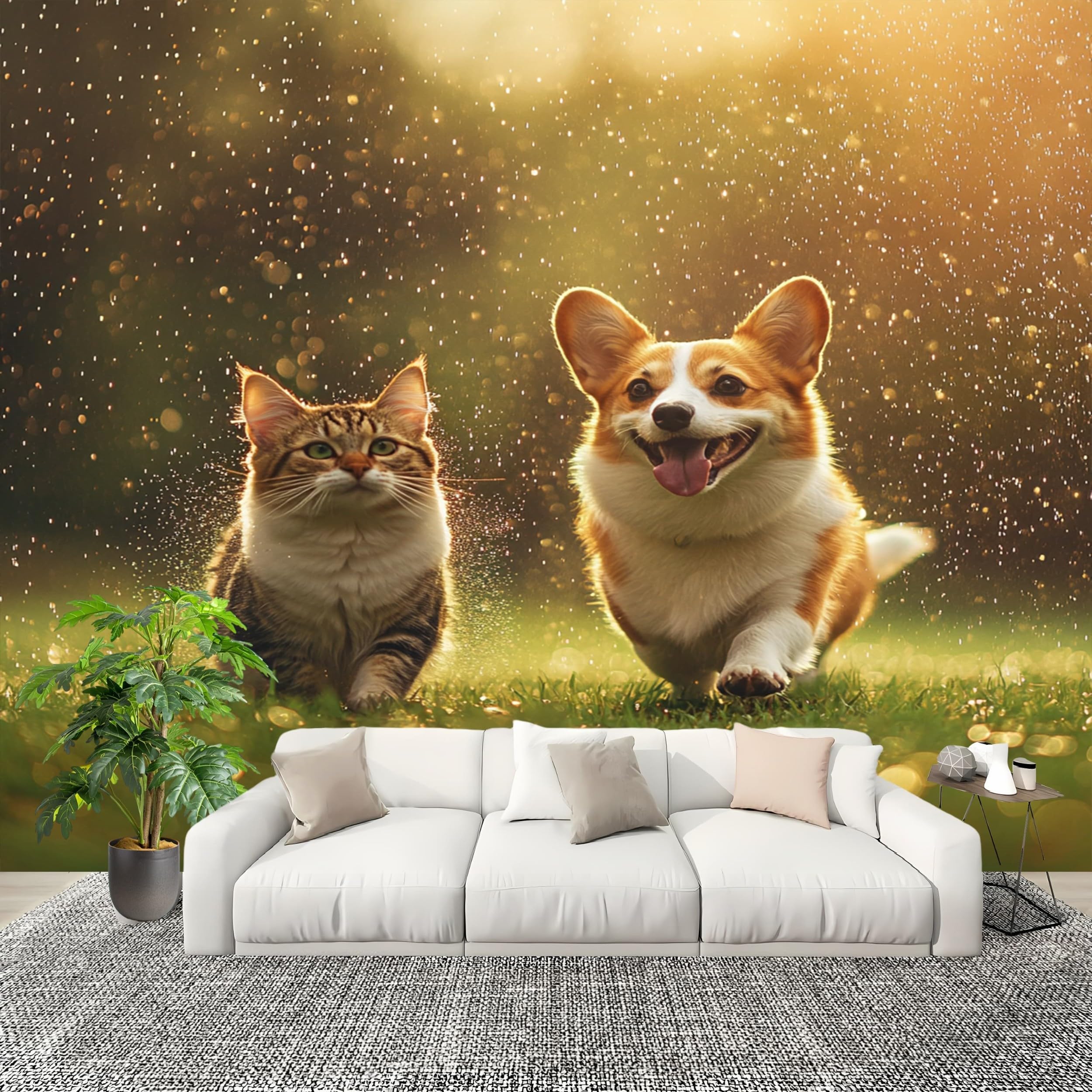 Papier peint intissé chat corgi 300x210cm vert clair poster mural de salon moderne