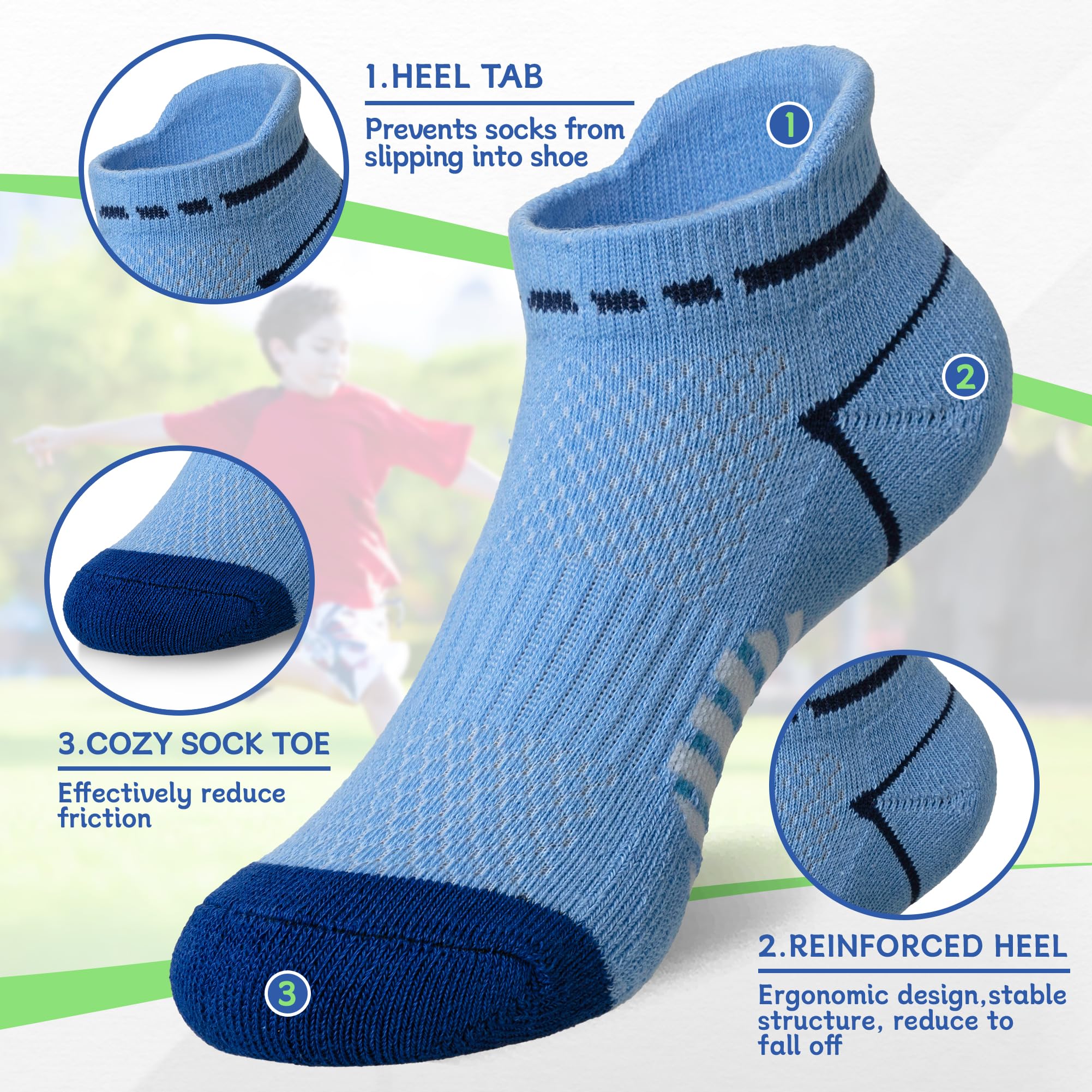 SEEYAN Kids Socks Boys Ankle Athletic Half Cushioned Low Cut Sport Cotton Breathable Socks 6 Pairs