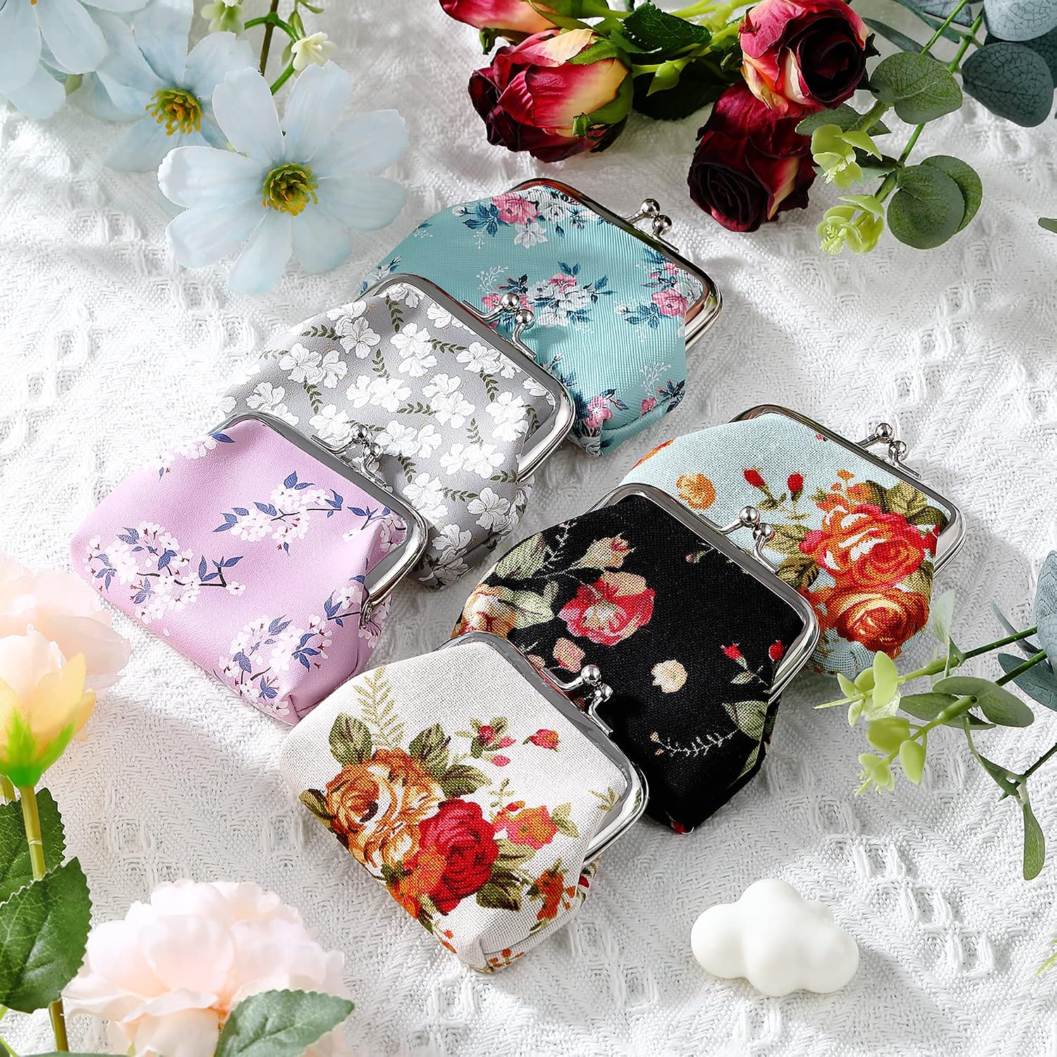10 Packs Floral Women Coin Purse Small Vintage Coin Purses Pouches Cute Canvas Change Wallets for Women Kiss Lock Pouch Japanese Flower Change Wallets