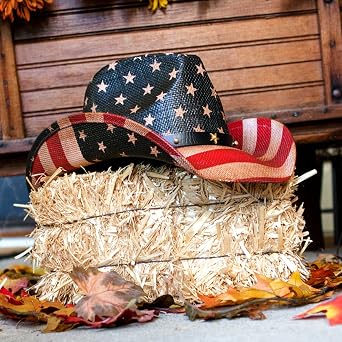 grinderPUNCH Straw Cowboy Hat for Men Women Western Cowgirl Outback Sun Hat | Straw Cowboy Hat for Men and Women, Western Cowgirl Outback, Beach Summer Sun Hat, American Flag Band, Wide Brim Shade