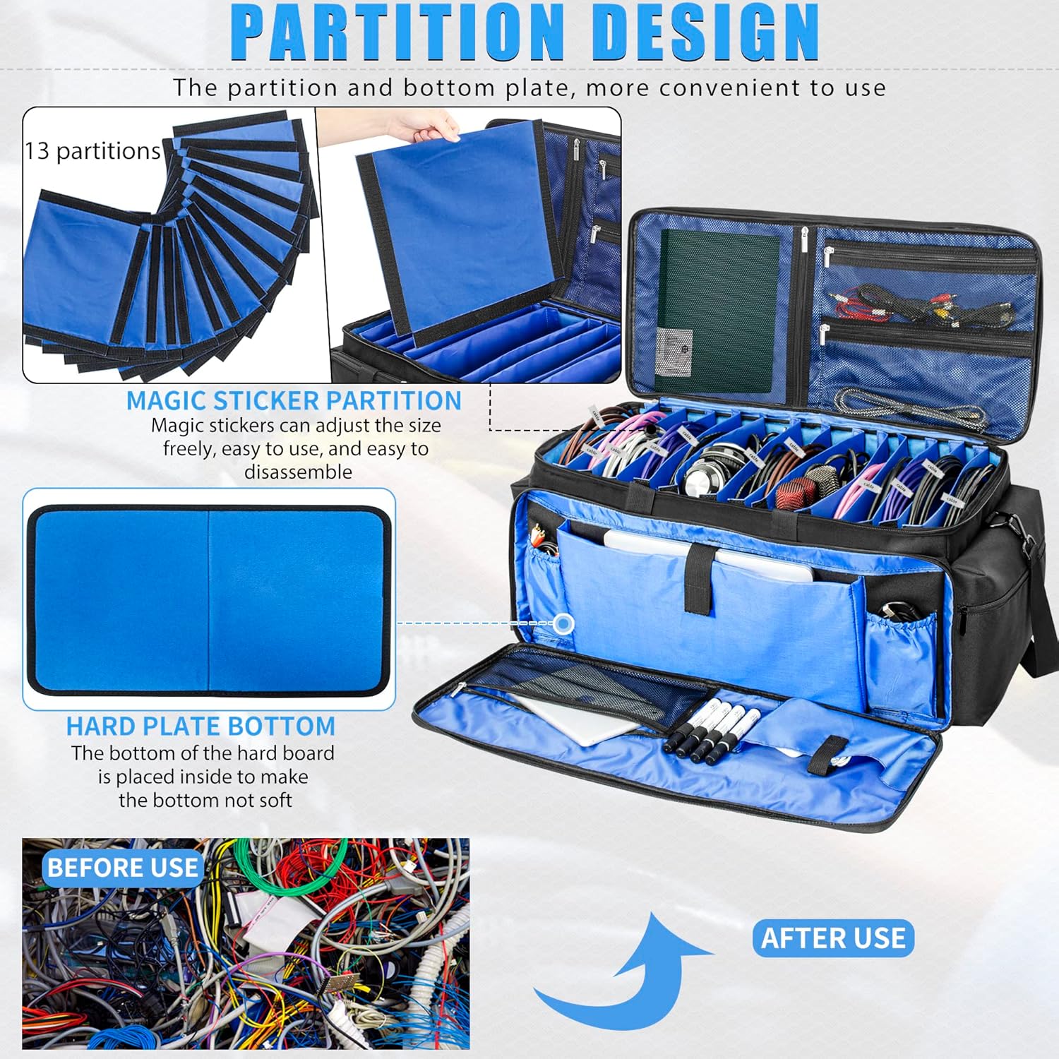AKOZLIN Large Cable File Bag with 13 Detachable Dividers for DJ Gear, Sound Instrument Accessories Blue