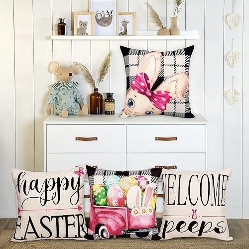 Miniatura 2 de Geefuun Juego de 4 fundas de almohada de Pascua de 18 x 18 pulgadas, decoraciones de Pascua, fundas de almohada para sofá, fundas de almohada para