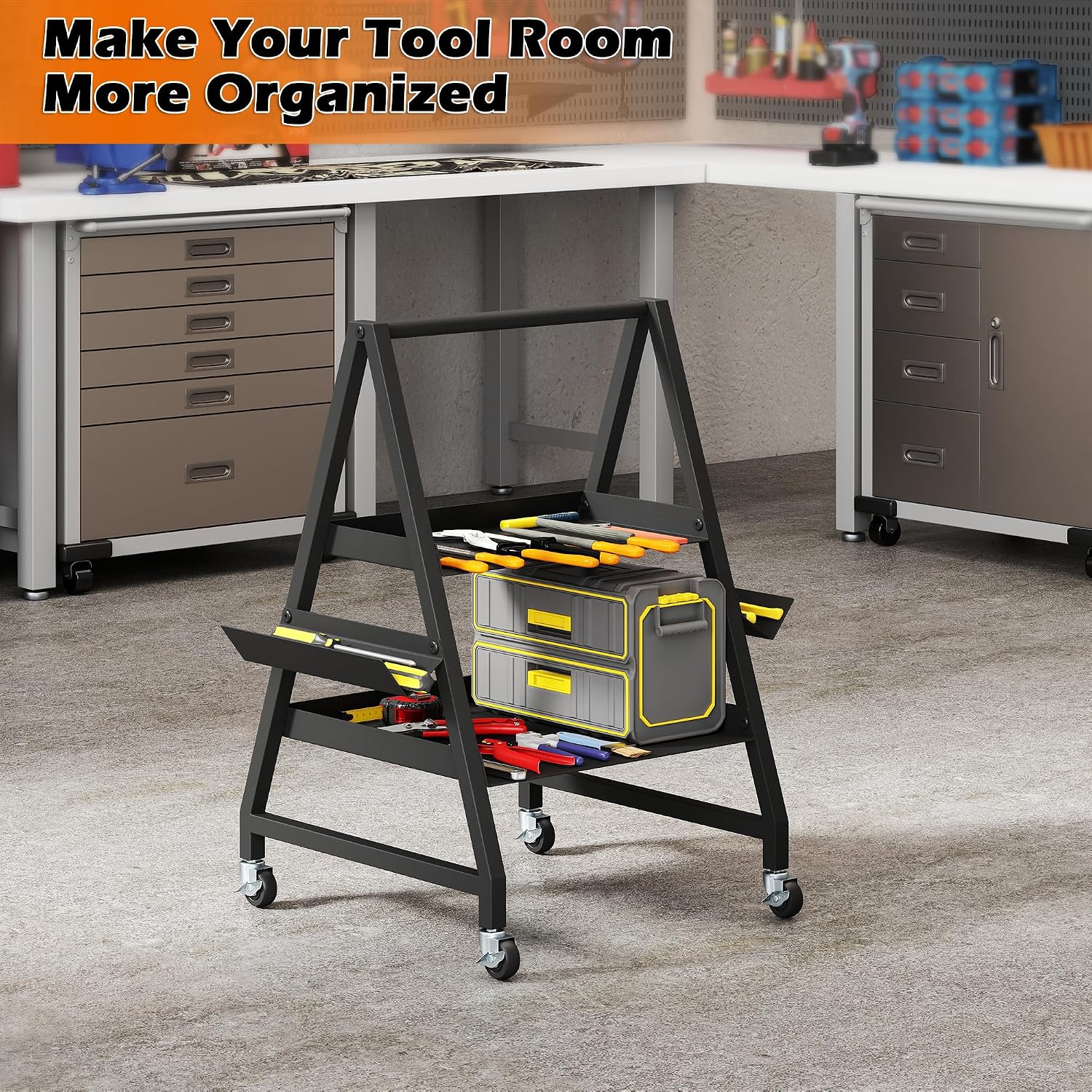 lukar 2 Tier Rolling Tool Organizer Cart with 4 Locking Wheels | Mobile Carbon Steel Farrier Tool Cart Utility Cart for Workshop, Garage, Stables, Manufacturing, 88Lbs Load Capacity