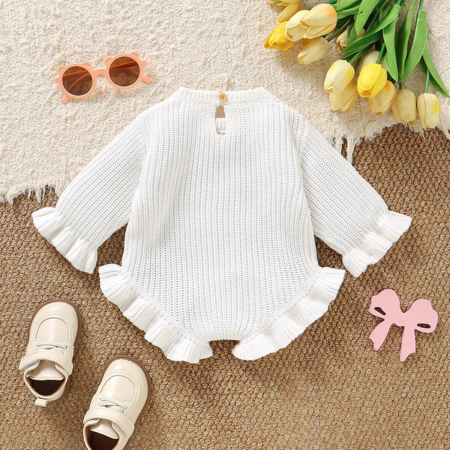 Baby Girl Knit Sweater Romper Newborn Ruffle Long Sleeve Sweater Crew Neck Pullove Warm Fall Winter Clothes Outfit