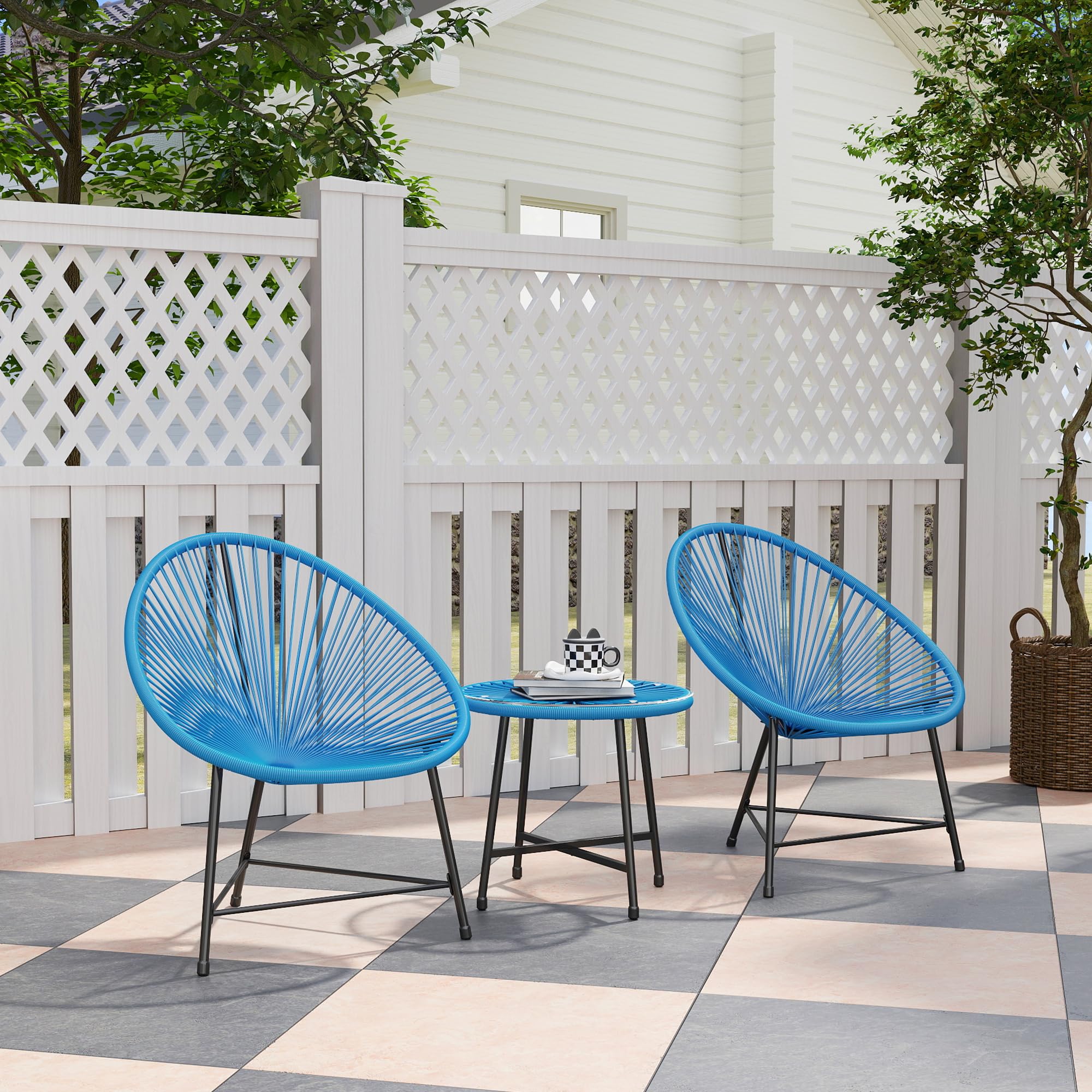 Outsunny Set de Exterior Jardín Mimbre 2 plazas Azul | Mesa de exterior con 2 sillas, sobre de vidrio templado, muebles de jardín para balcón terraza patio