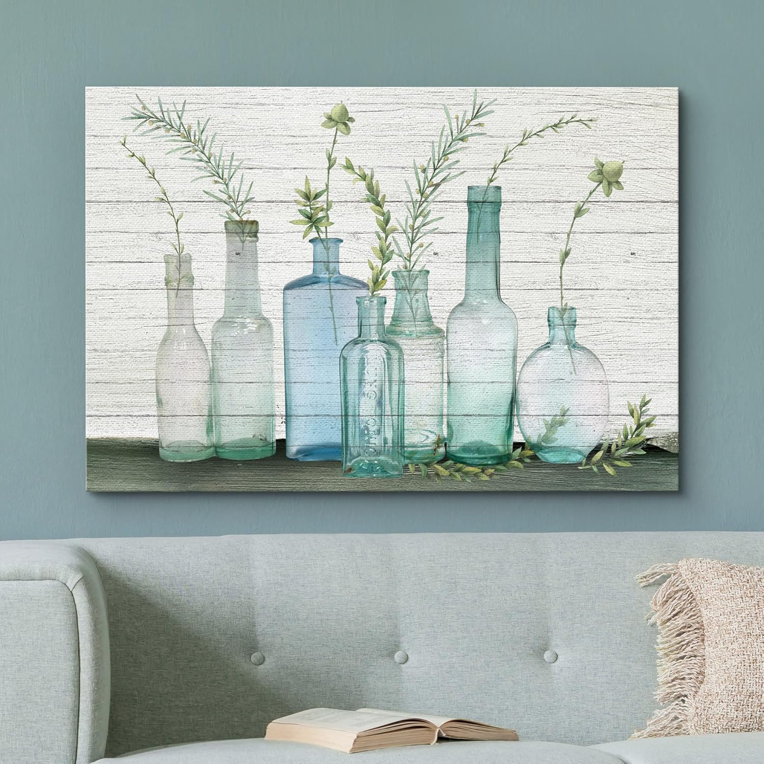 wall26 Canvas Print Wall Art Wood Block Green Forest Leaves in Blue Glass Bottles Floral Nature Watercolor Minimalism Rustic Scenic Colorful Pastel for Living Room, Bedroom, Office - 32"x48"