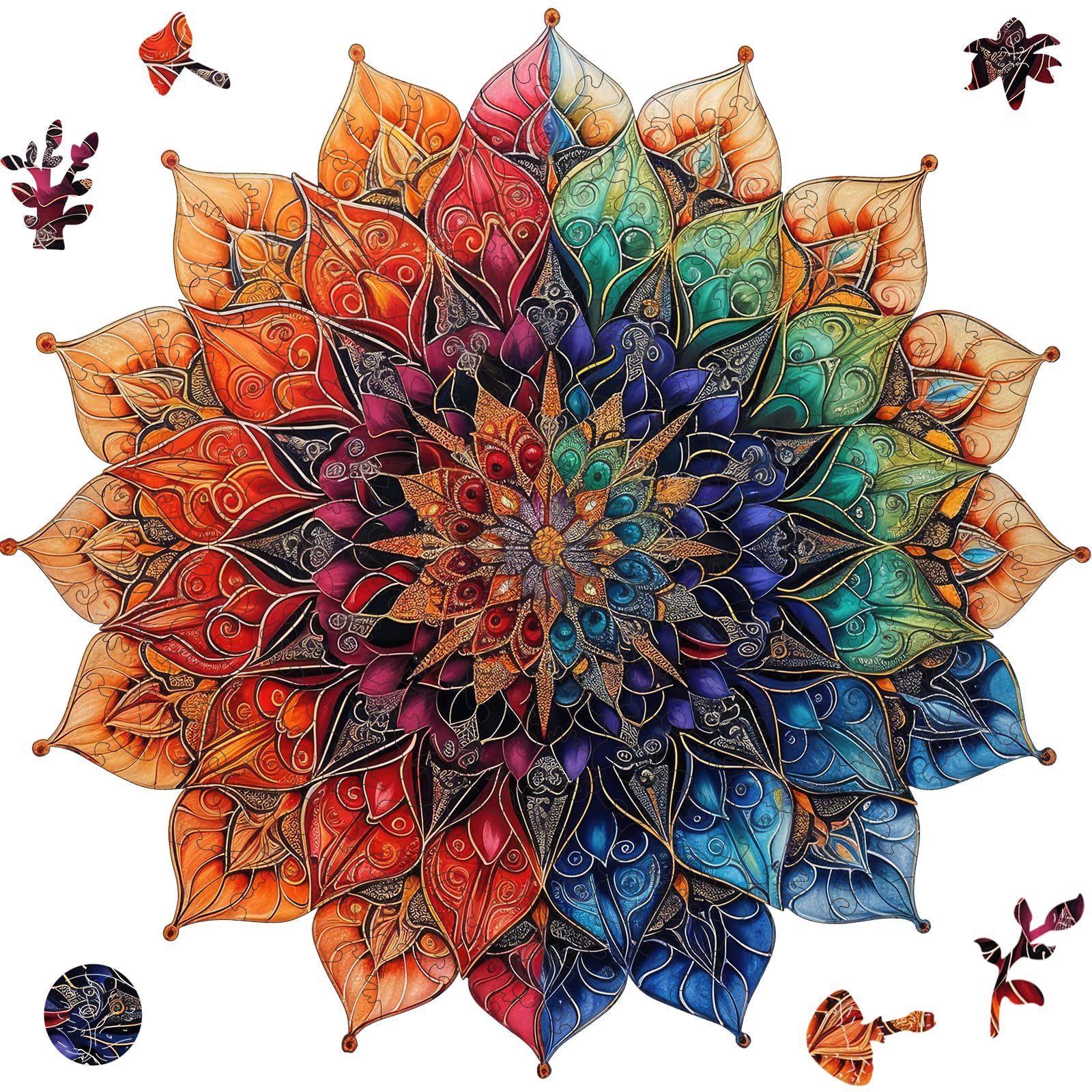 Mys Aurora Colorful Mandala Wooden Puzzles for Adults, 200 Piece Unique Shaped Wood Jigsaw Puzzles for Adults and Kids, Fun Challenging Puzzles Family Game Gift, Medium 11.4'' x 11.1''