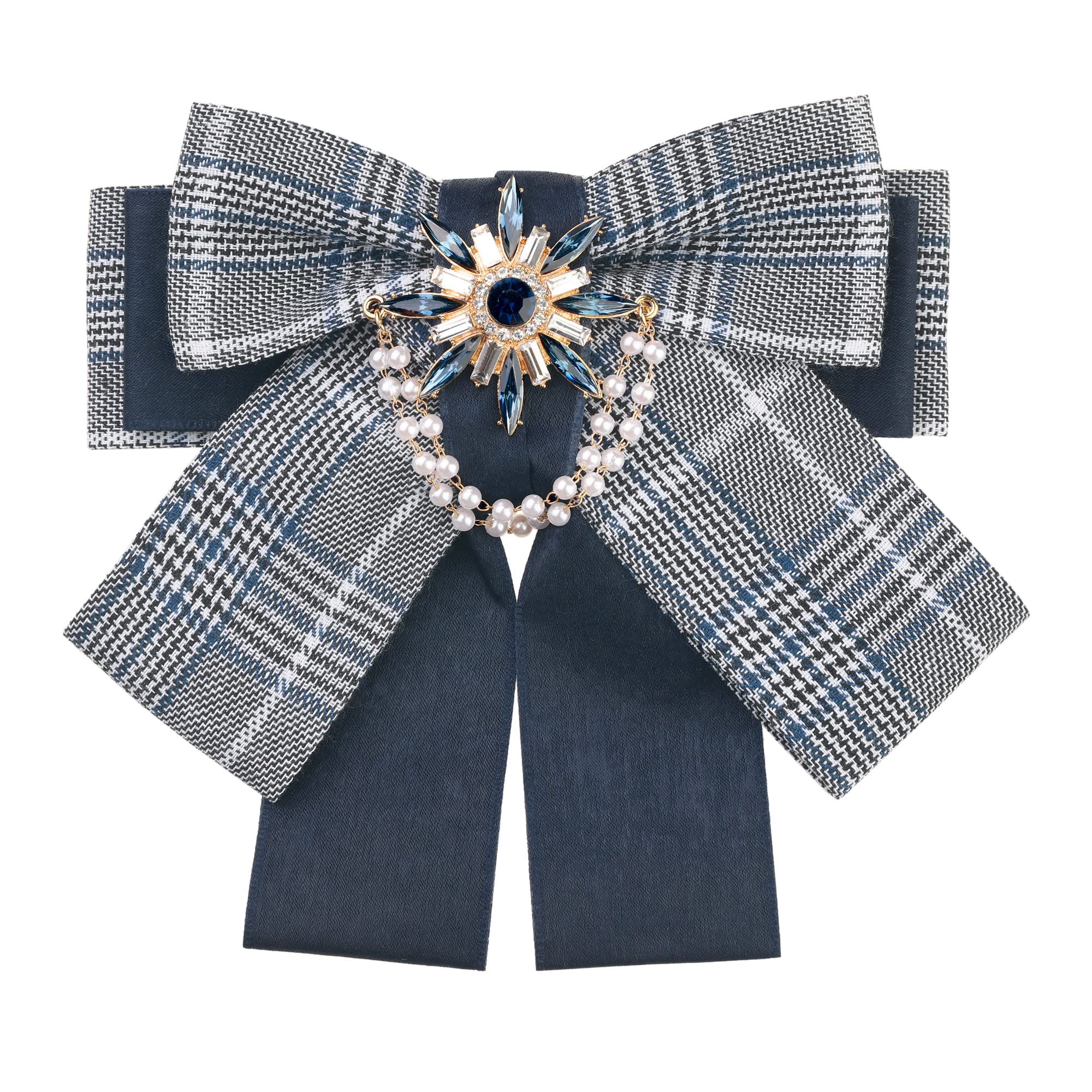 Elerevyo Women's Blue Bow Brooch Plaid Faux Rhinestone Beaded Bow Ties One Size