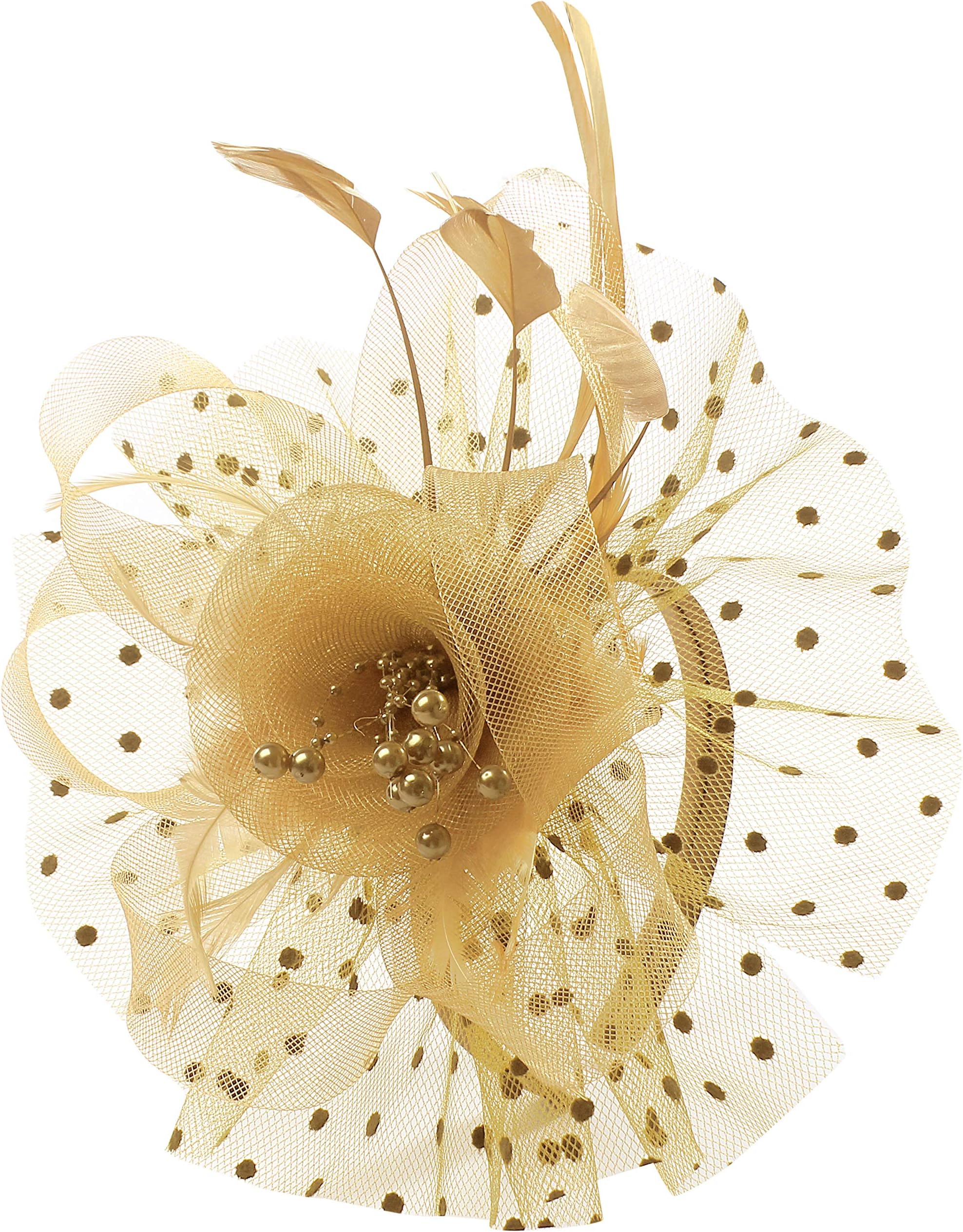 MyjoydayWomen's Fascinators, Feathers Tea Party Hat, Veil Headband with Hair Clip for Cocktail Church