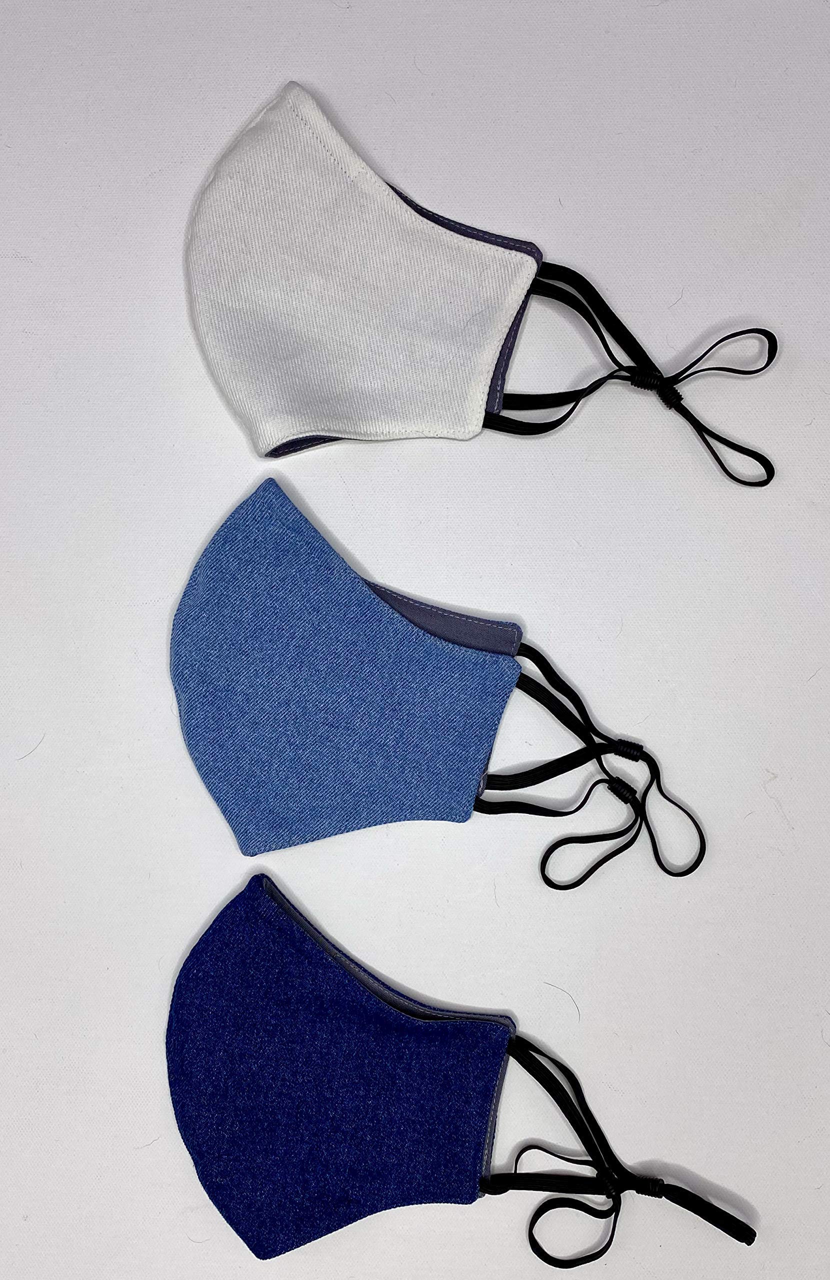 Denim Blue Face Mask. XXL (2XL), XL & Medium Size. Nose Wire, Filter Pocket, Elastic Cord Adjuster. Washable, Breathable. Made in USA. For sport. Man Big Face, Woman Designs Fashion.