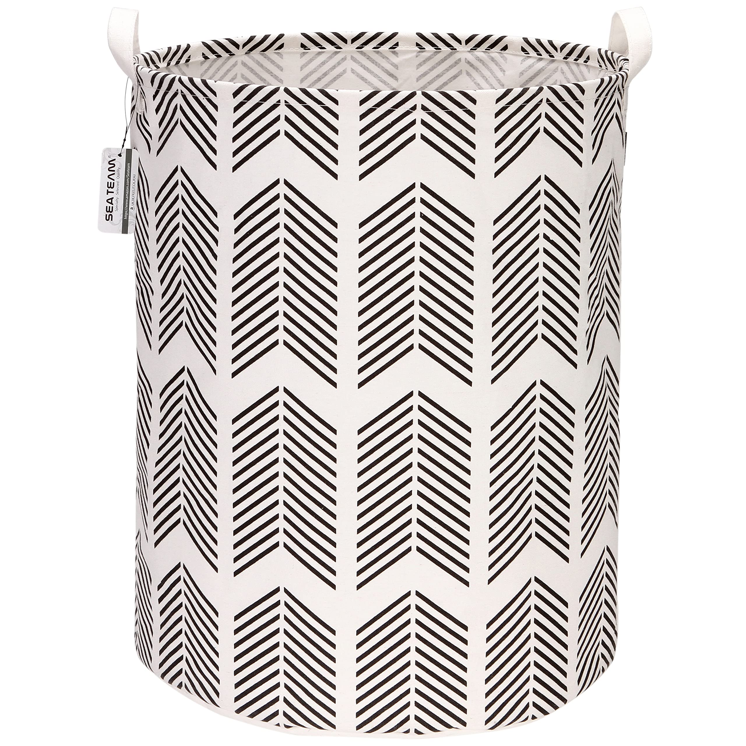 Sea Team 19.7 Inches Large Sized Waterproof Coating Ramie Cotton Fabric Folding Laundry Hamper Bucket Cylindric Burlap Canvas Storage Basket with Stylish Fishbone Black Design