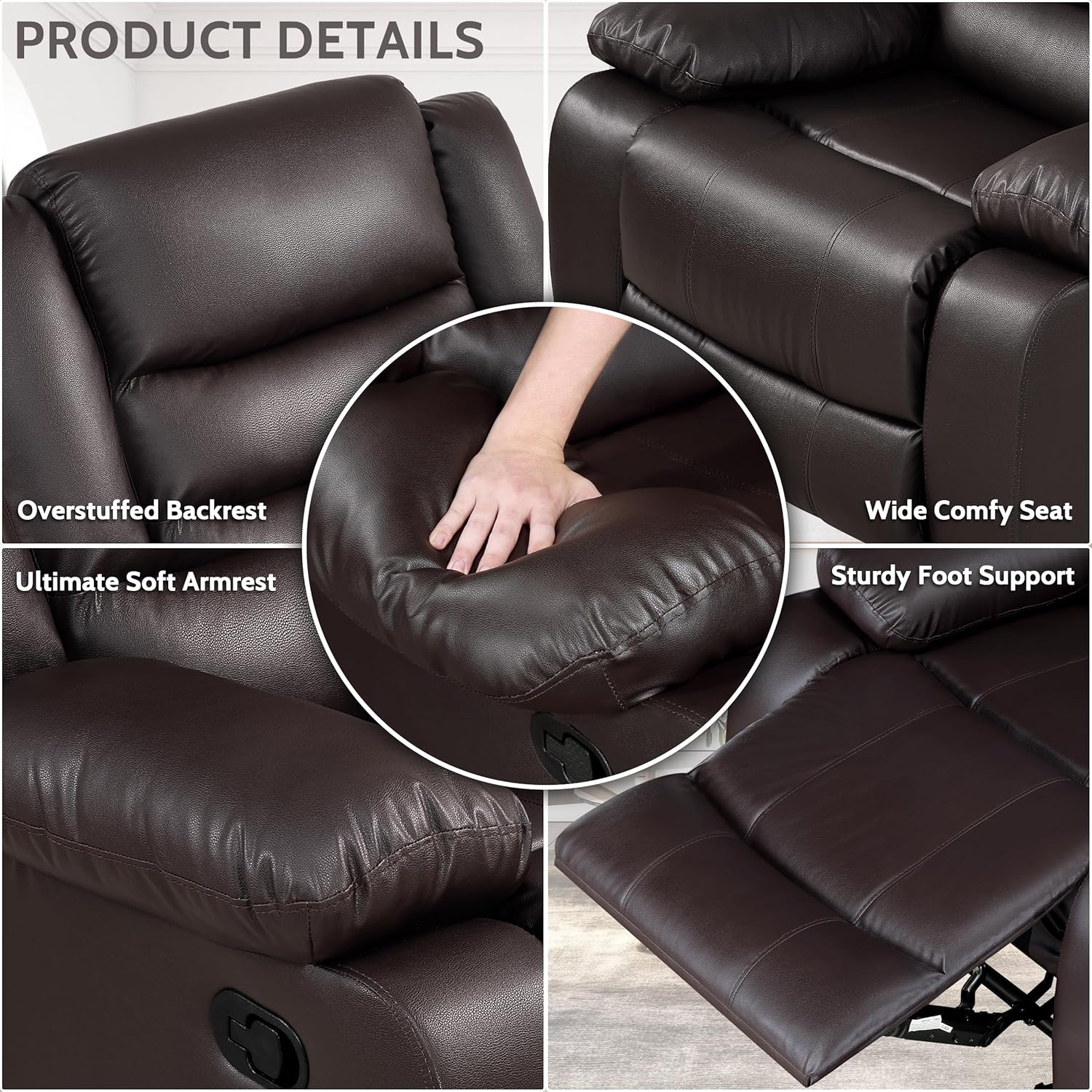 PrimeZone Oversized Rocker Recliner Chair - Comfy Wide Lazy Boy Recliner Chair with Overstuffed Armrest, Faux Leather Manual Reclining Chairs for Living Room, Bedroom, Home Theater Seating, Brown