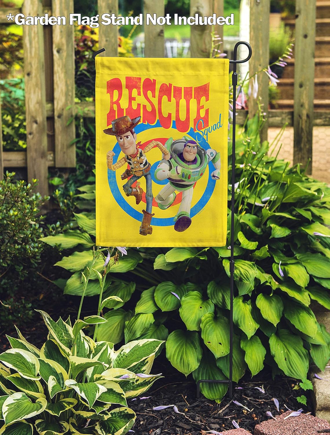 Flagology.com, Disney,Woody & Buzz, Woody & Buzz Rescue Squad – Garden Flag – 12.5” x 18”, Toy Story 4, Outdoor, Exclusive Premium Fabric, Officially Licensed Disney