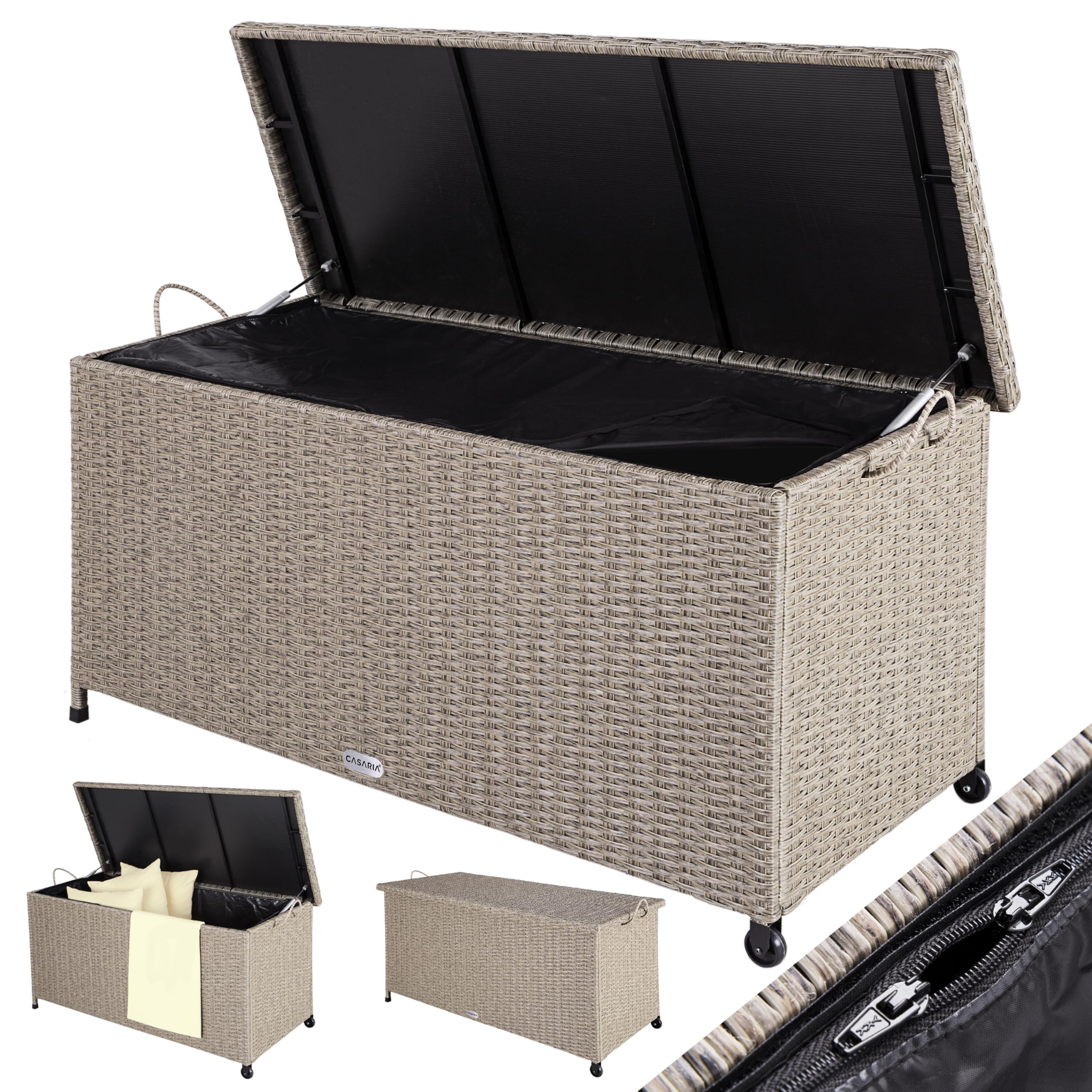 Casaria® Coffre de jardin extérieur XXL Crème - Malle de rangement en Polyrotin avec roulettes 270 L, étanche avec Vérin à gaz 117x53x60 cm pour Jardin, Balcon ou Terrasse