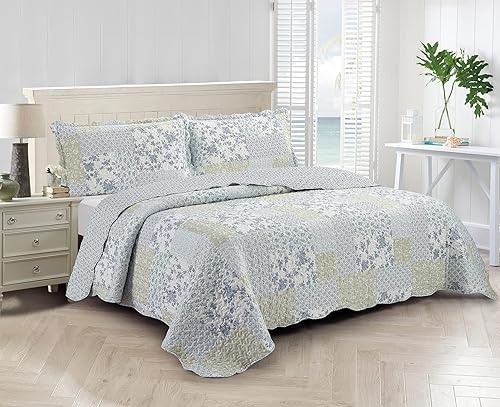 Miniatura 59 de Brilliant Sunshine Juego de edredón de 3 piezas con 2 fundas de almohada, diseño de corazón gris, diseño floral y de encaje, colcha reversible