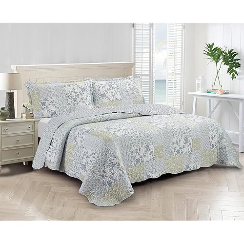 Brilliant Sunshine Multi Blue and Beige Floral Patchwork, 3-Piece Quilt Set with 2 Shams, Reversible Bedspread, Soft Lightweight Coverlet, All-Season, King, Blue White