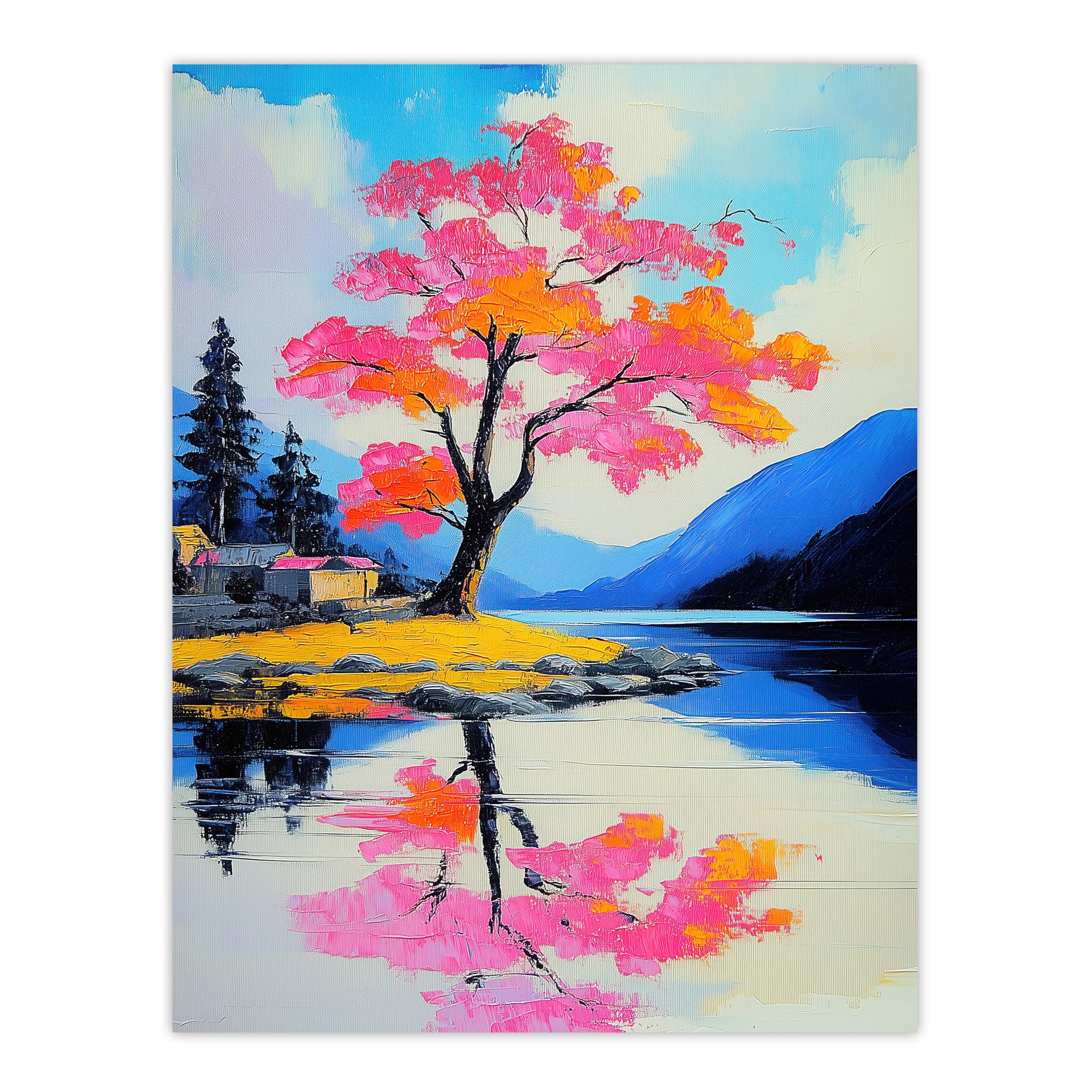 Cherry Blossom Tree by Lake Coastal Landscape Wall Art Poster Print