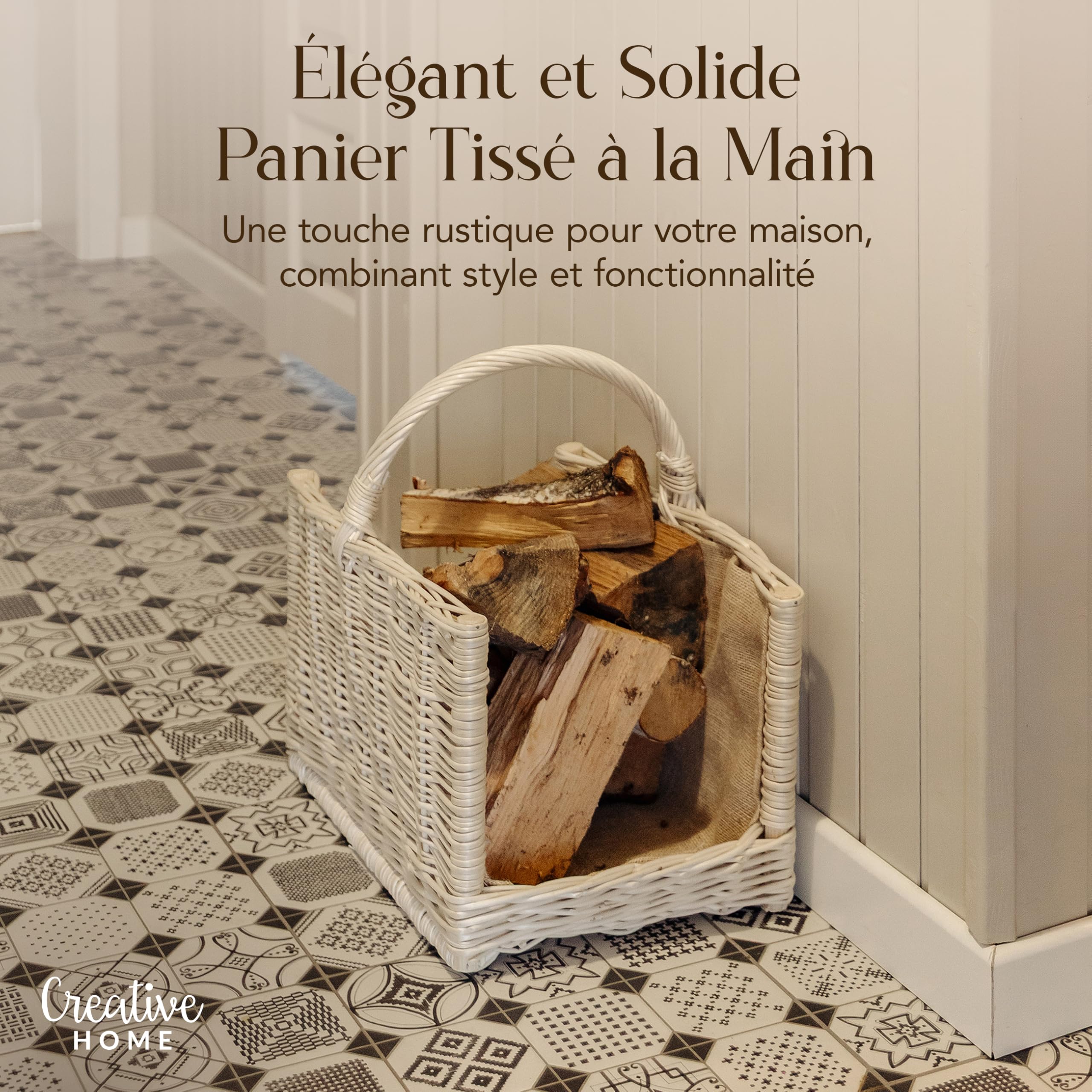 Panier de Rangement en Osier 50x34x50cm Blanc Tissé à la Main avec Poignée et Jute
