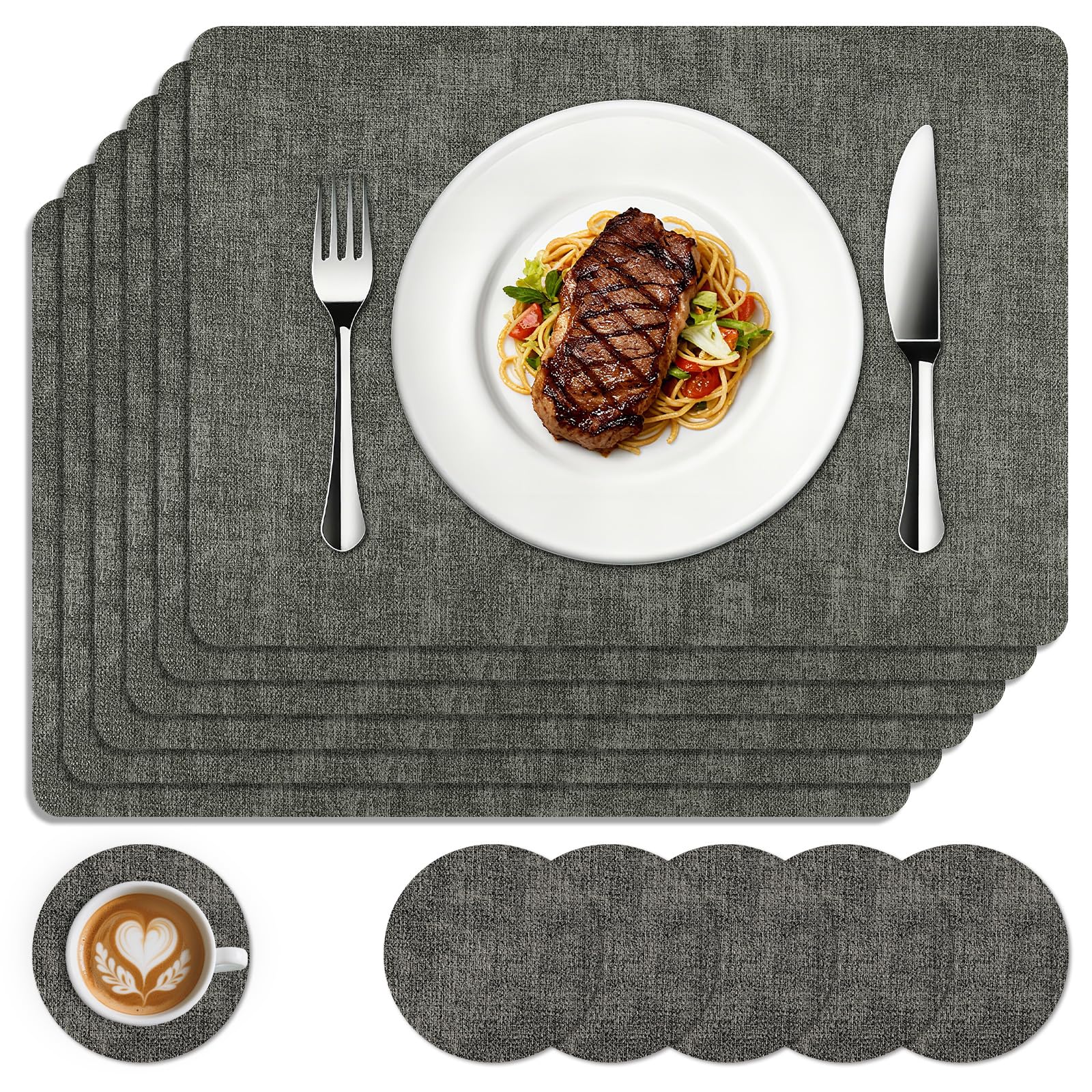 Placemats and Coaster Sets 6, Waterproof Table Mats, 43 * 30cm Place Mats For Table for Family Dining, Kitchen, Living Room and Outdoor (Black)