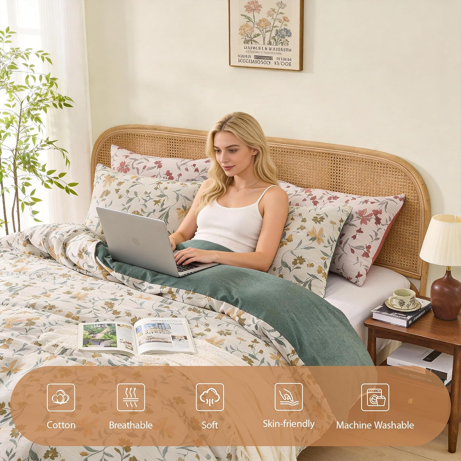 Simple&Opulence 100% Cotton Yarn-Dyed Jacquard Duvet Queen Size, 3 Pcs Floral Duvet Cover Set with 7 Inner Ties and Zipper Closure, Ultra Soft Bedding Set for All Seasons (Green, 88" x 92")