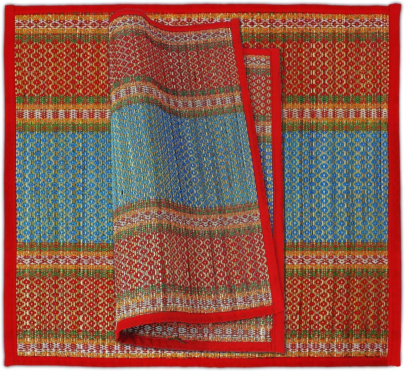 Export Quality Puja Asana Sitting Mat for Pooja Room Ashan Home Mandir Kusha Korai Sabai Grass Asan for Prayer Yoga Meditation Etc Multi Colour - 18X18 (Pack of 2)