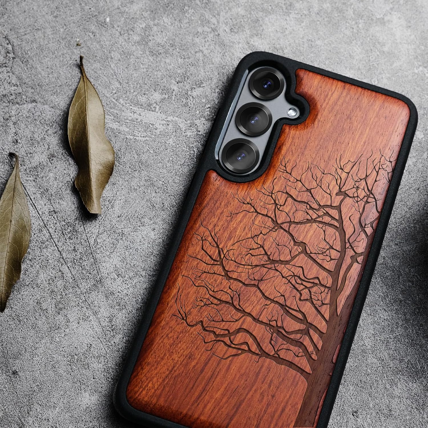 Carveit Magnetic Wooden Case for Galaxy S25+ Samsung S25 Plus Case, TPU Shockproof Cover & Wood Engraved, Compatible with MagSafe Wireless Chargers (Eternal Tree) Rosy